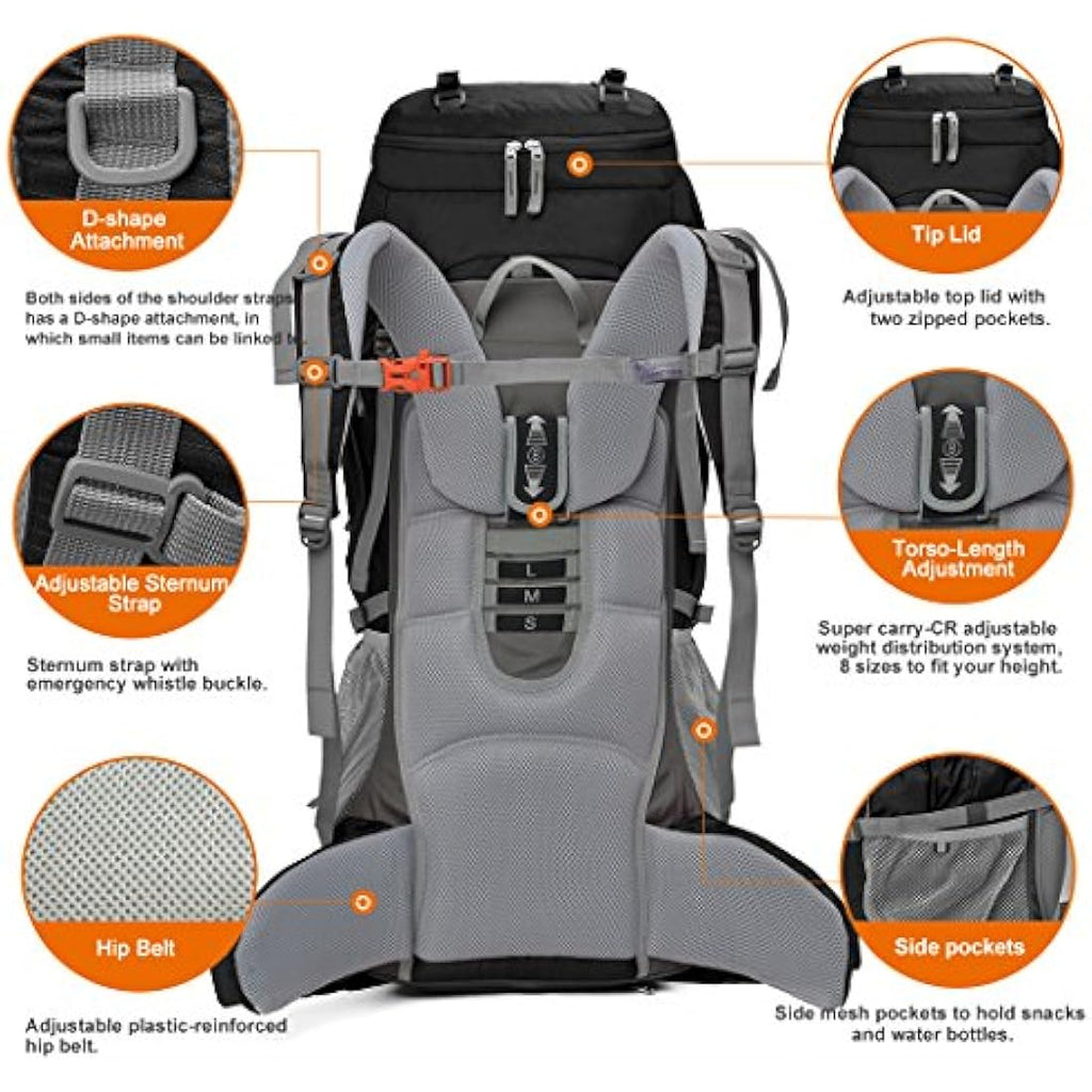 MOUNTAINTOP 70L Hiking Backpack water-resistant Internal Frame Backpacks Large Trekking Mountaineering Rucksack with Rain Cover for Men Women Cover Outdoor External Frame Backpacks Default Title Default Title
