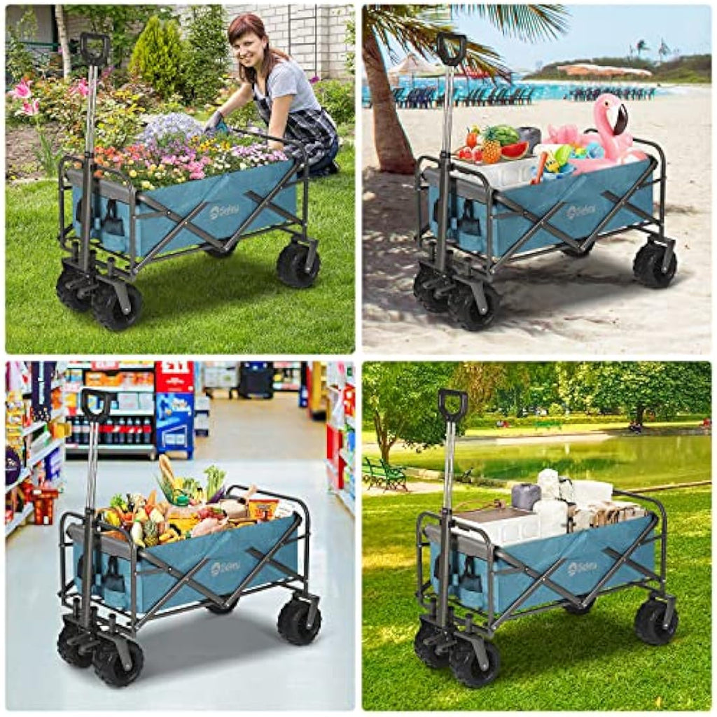 Sekey Folding Festival Trolley with Wide All-Terrain Wheels, 440LB Large Load Capacity, Heavy-Duty Camping Wagon with Brake, Sturdy Beach Garden Cart, Adjustable Handles & Drink Holders, Light Blue Carts & Wagons Default Title Default Title