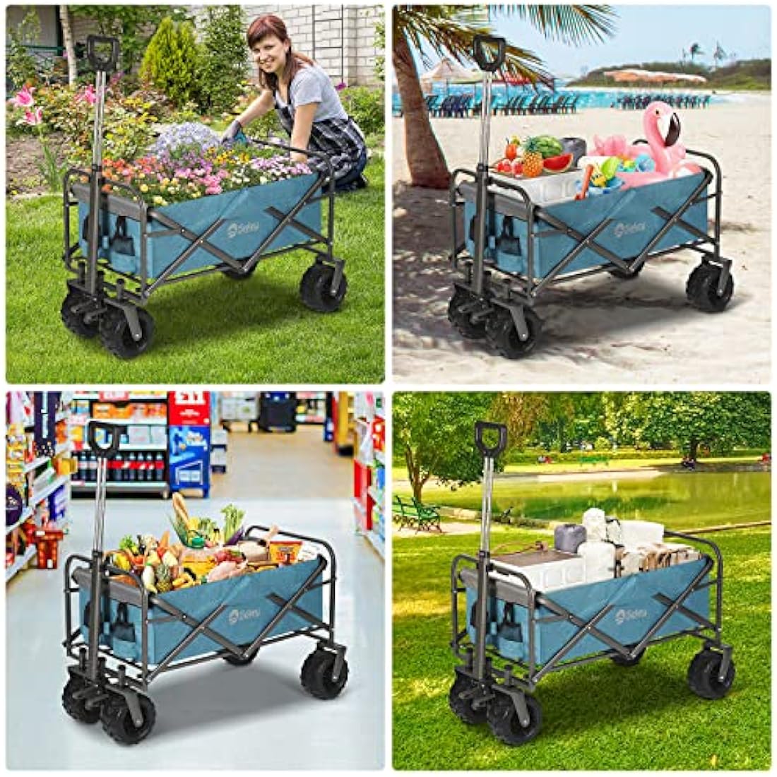 Sekey Folding Festival Trolley with Wide All-Terrain Wheels, 440LB Large Load Capacity, Heavy-Duty Camping Wagon with Brake, Sturdy Beach Garden Cart, Adjustable Handles & Drink Holders, Light Blue Carts & Wagons Default Title Default Title