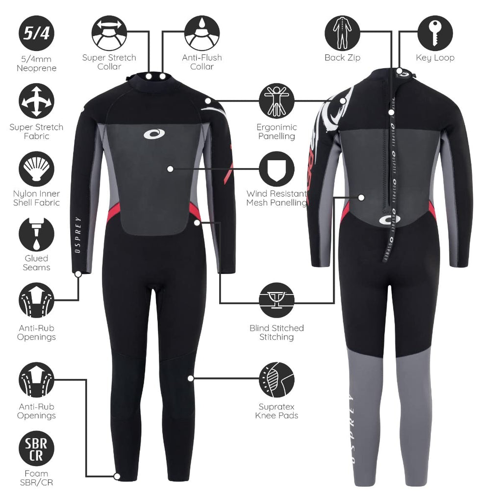 Osprey | Kids 5mm Wetsuit, Full-Length Winter Kids Neoprene Surfing Bodyboarding Wetsuit, Origin, Red