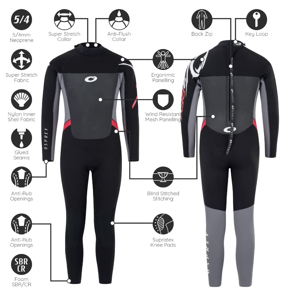 Osprey Boys Full Length 5 mm Winter Wetsuit, Kids Neoprene Surfing Bodyboarding Wetsuit, Origin, Red, Medium Short Wetsuits Default Title Default Title