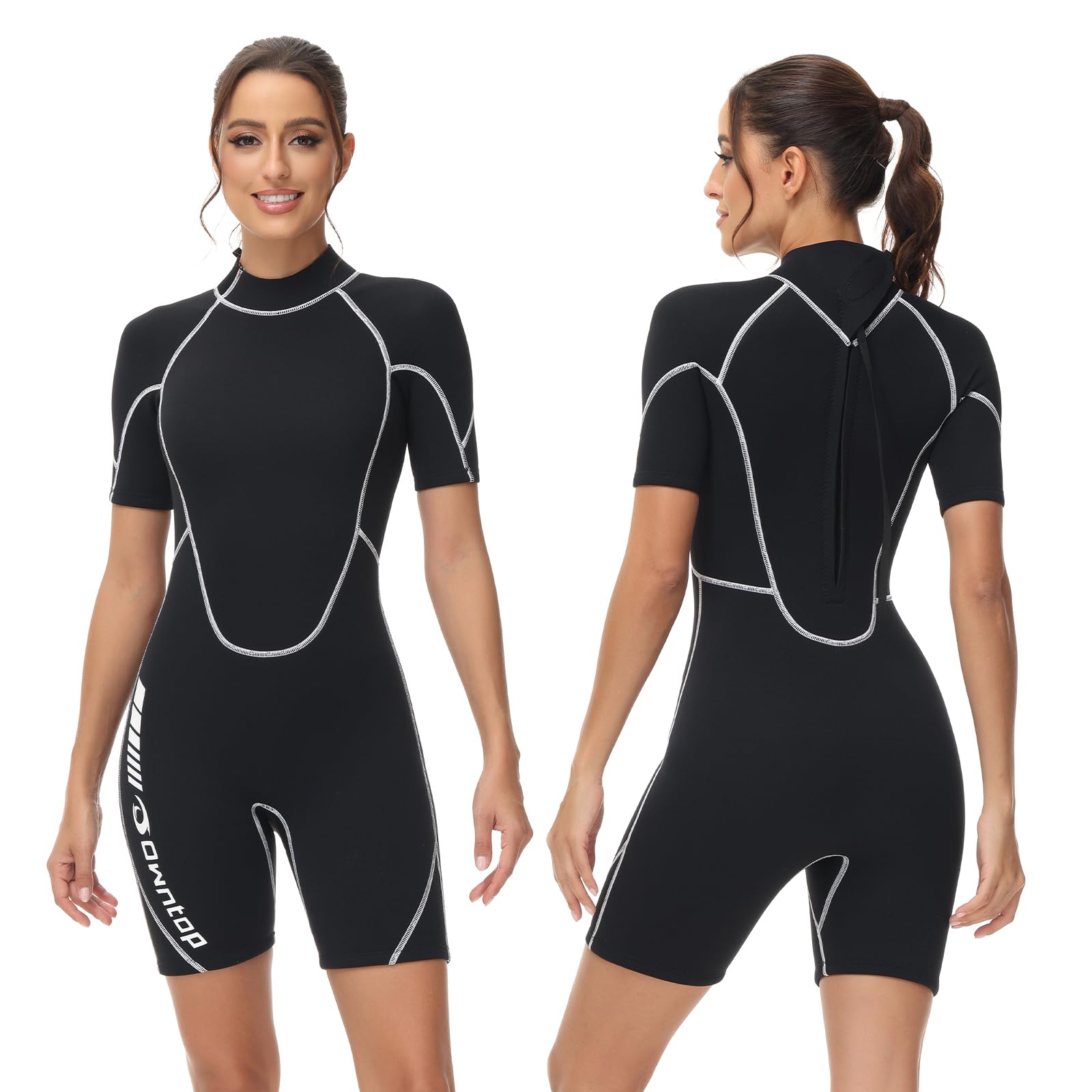 Owntop 3/2mm Shorty Wetsuit Women - Back Zip Wet Suit for Diving Surfing, Short Sleeve Diving Suits Stretch Neoprene for Water Sports, Women Black M Wetsuits Default Title Default Title