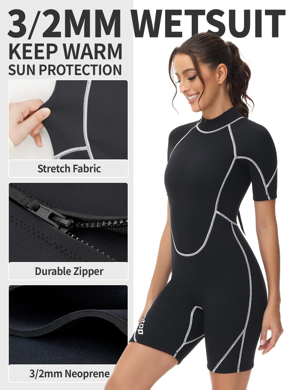 Owntop 3/2mm Shorty Wetsuit Women - Back Zip Wet Suit for Diving Surfing, Short Sleeve Diving Suits Stretch Neoprene for Water Sports, Women Black M Wetsuits Default Title Default Title