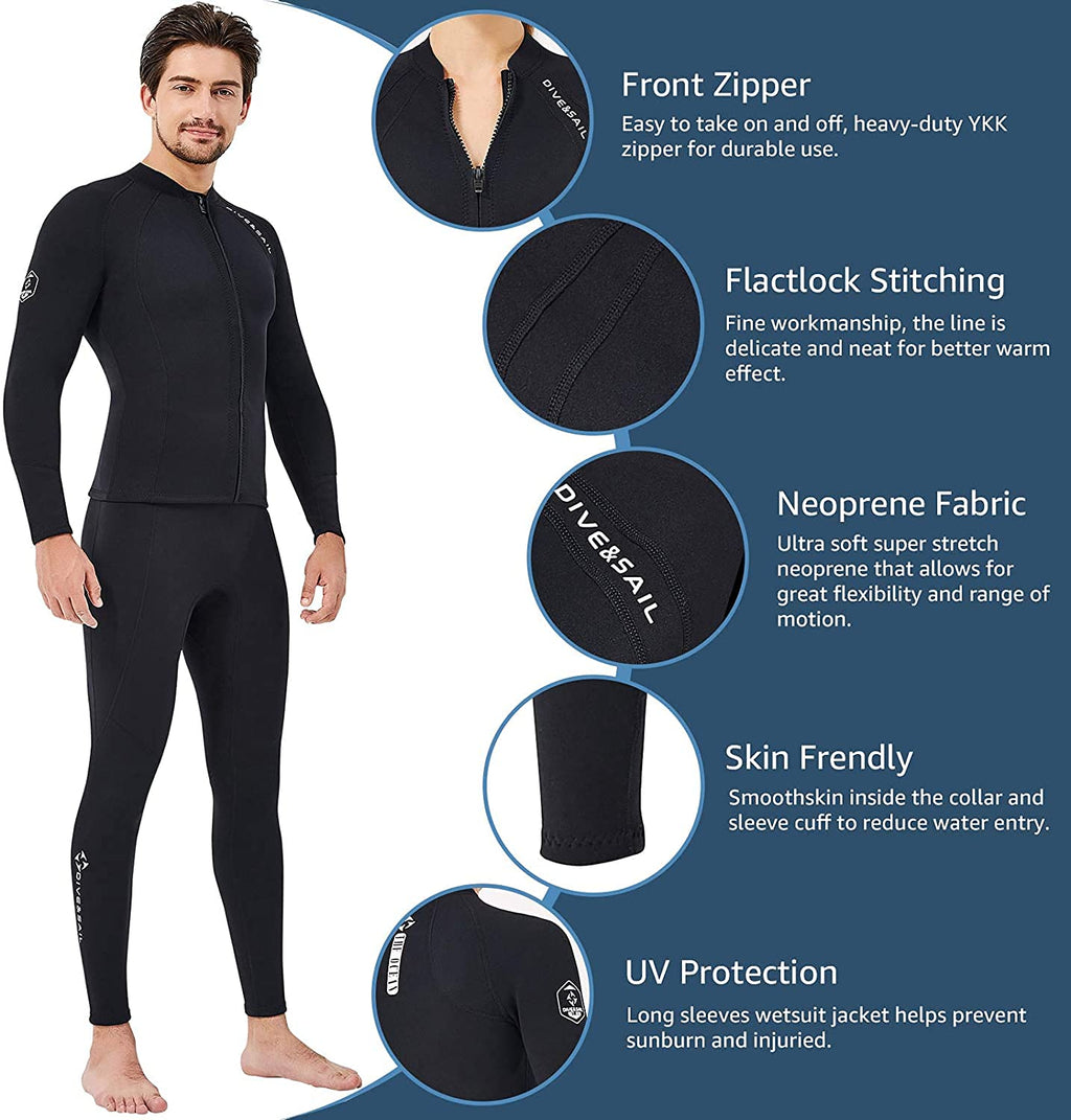 EUPTE 2mm Wetsuits Women/Men Long Sleeve Jacket UPF50+ UV Protection Diving Skin Suit Top for Scuba Diving Snorkeling Surfing Swimming (men, 3XL) Wetsuit Tops Default Title Default Title