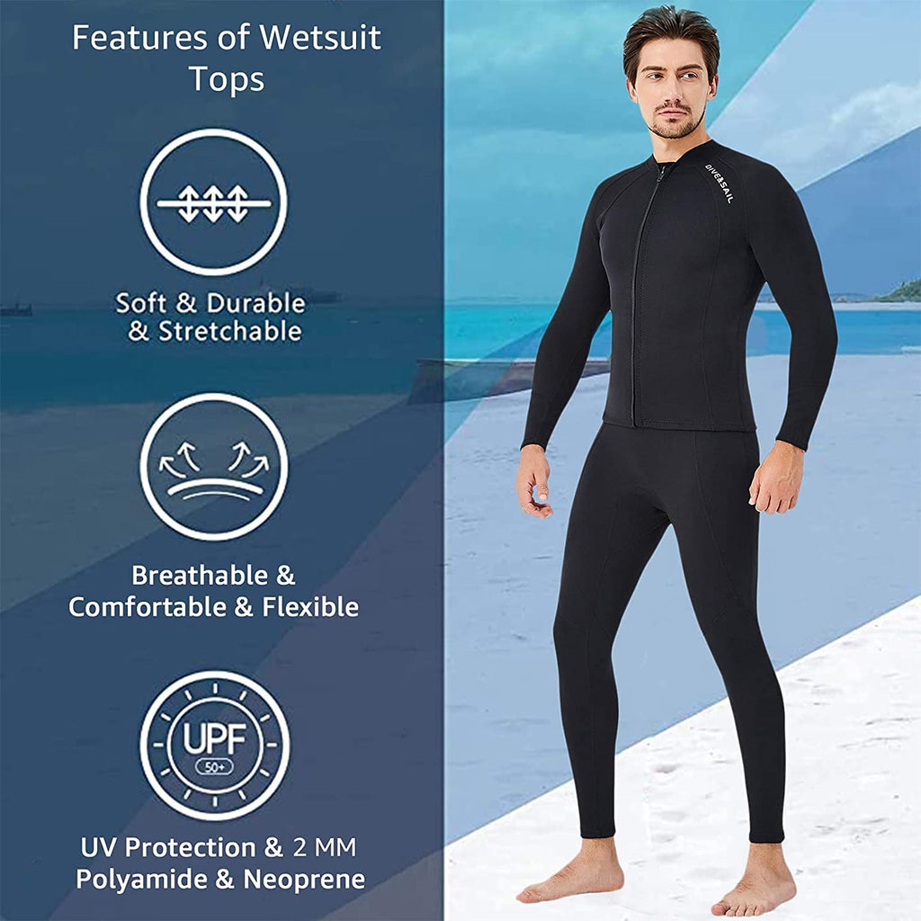 EUPTE 2mm Wetsuits Women/Men Long Sleeve Jacket UPF50+ UV Protection Diving Skin Suit Top for Scuba Diving Snorkeling Surfing Swimming (men, 3XL) Wetsuit Tops Default Title Default Title
