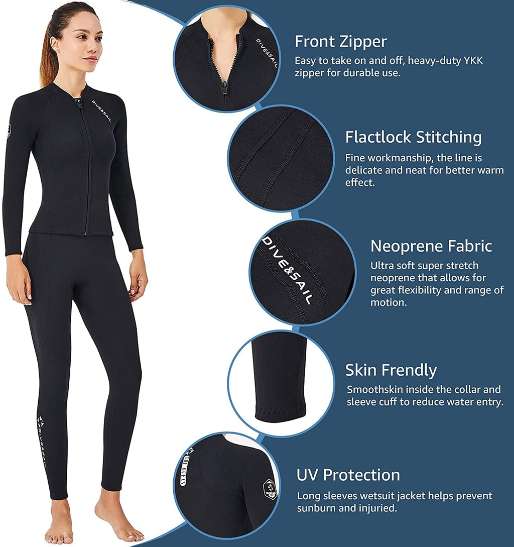 EUPTE 2mm Wetsuits Women/Men Long Sleeve Jacket UPF50+ UV Protection Diving Skin Suit Top for Scuba Diving Snorkeling Surfing Swimming (women, S)