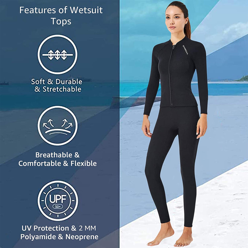 EUPTE 2mm Wetsuits Women/Men Long Sleeve Jacket UPF50+ UV Protection Diving Skin Suit Top for Scuba Diving Snorkeling Surfing Swimming (women, S)