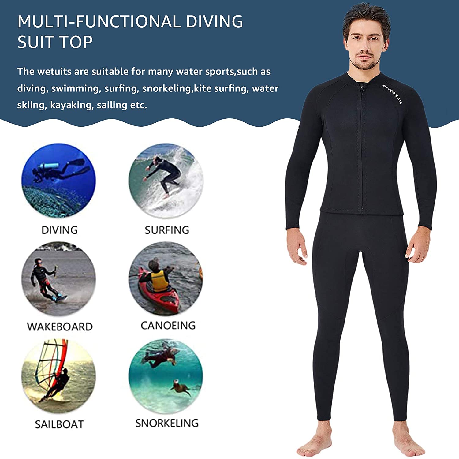 EUPTE 2mm Wetsuits Women/Men Long Sleeve Jacket UPF50+ UV Protection Diving Skin Suit Top for Scuba Diving Snorkeling Surfing Swimming (men, XL)