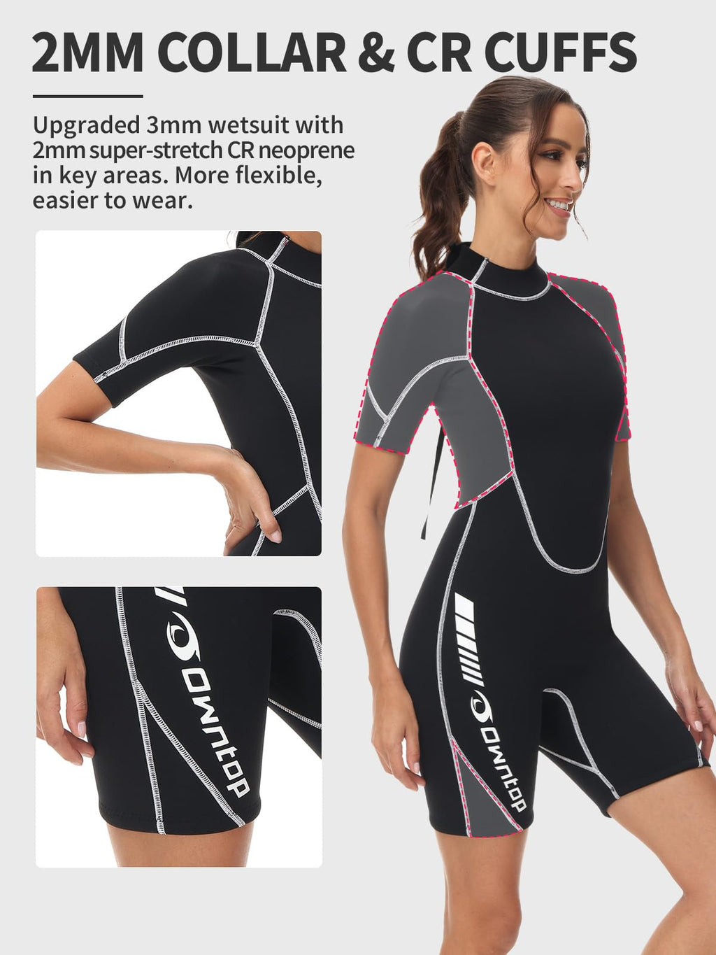 Owntop 3/2mm Shorty Wetsuit Women - Back Zip Wet Suit for Diving Surfing, Short Sleeve Diving Suits Stretch Neoprene for Water Sports, Women Black XL