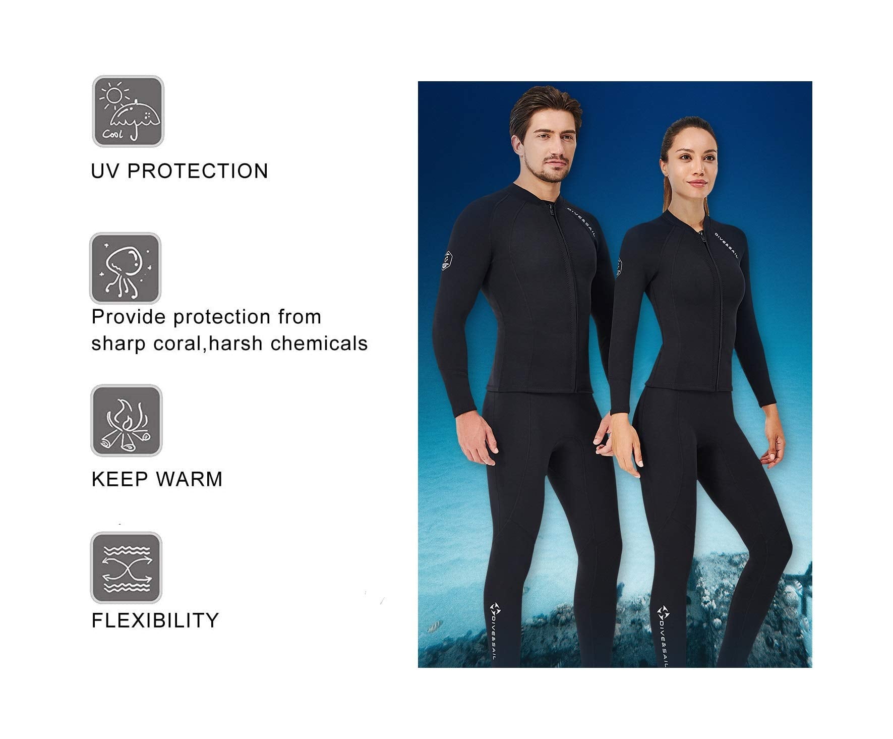 EUPTE 2mm Wetsuits Women/Men Long Sleeve Jacket UPF50+ UV Protection Diving Skin Suit Top for Scuba Diving Snorkeling Surfing Swimming (women, L)