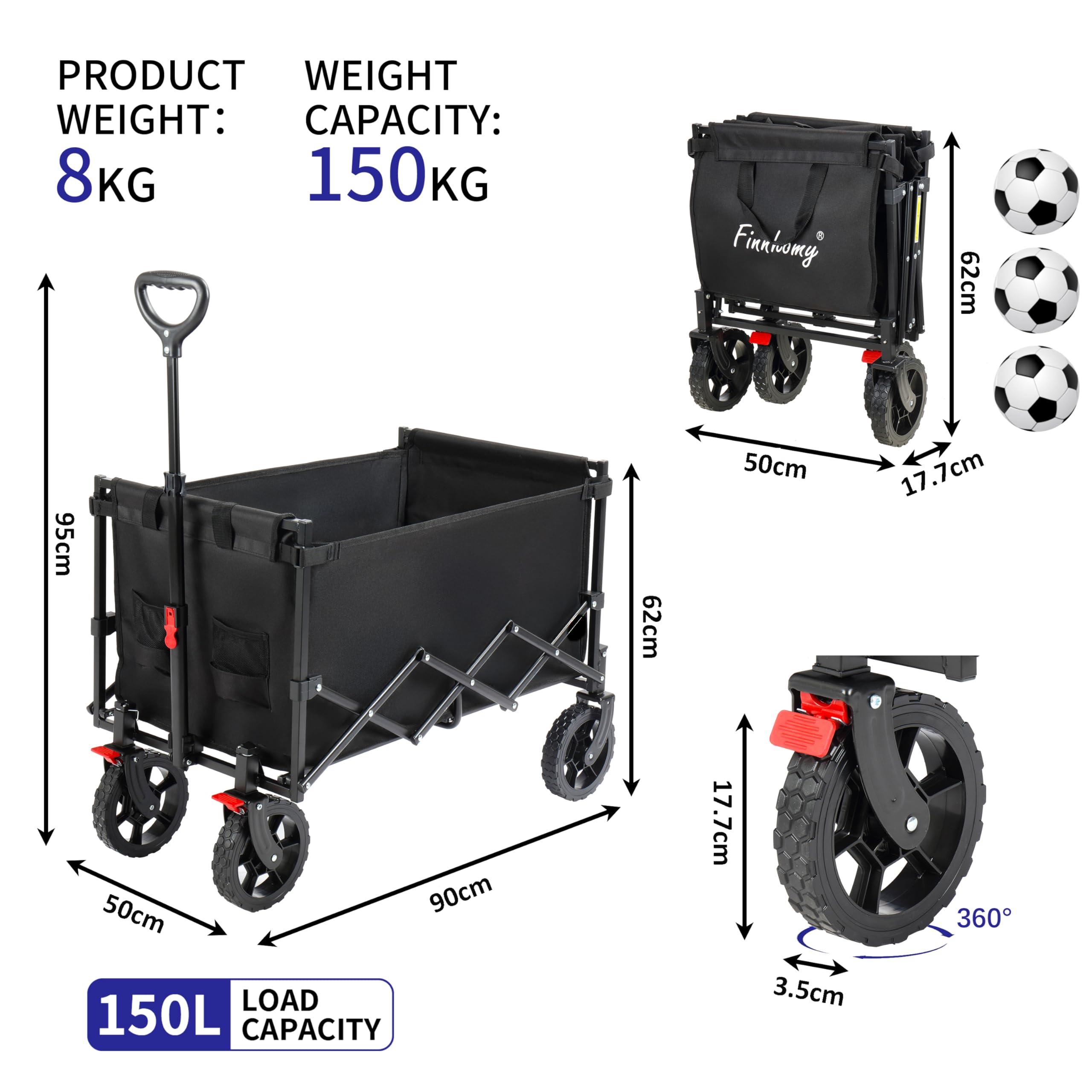 Finnhomy 150L Folding Camping Trolley with Brake, Collapsible Festival Trolley with Removable Wheels, 150KGs Capacity with Drink Holders Garden Tool Organisers Default Title Default Title