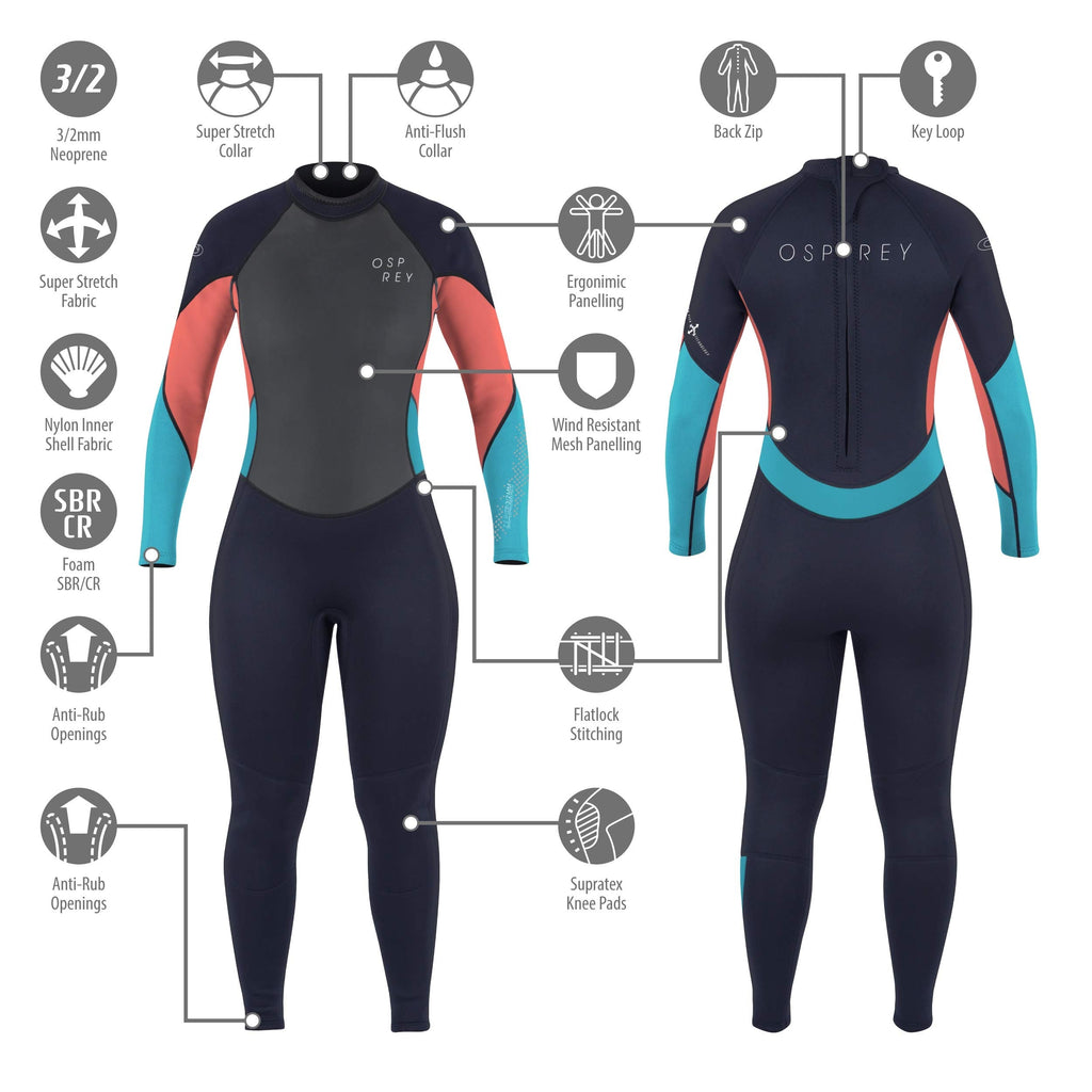 Osprey Womens Full Length 3mm Summer Wetsuit, Adult Neoprene Surfing Diving Wetsuit, Zero, Coral, XL Wetsuits Default Title Default Title