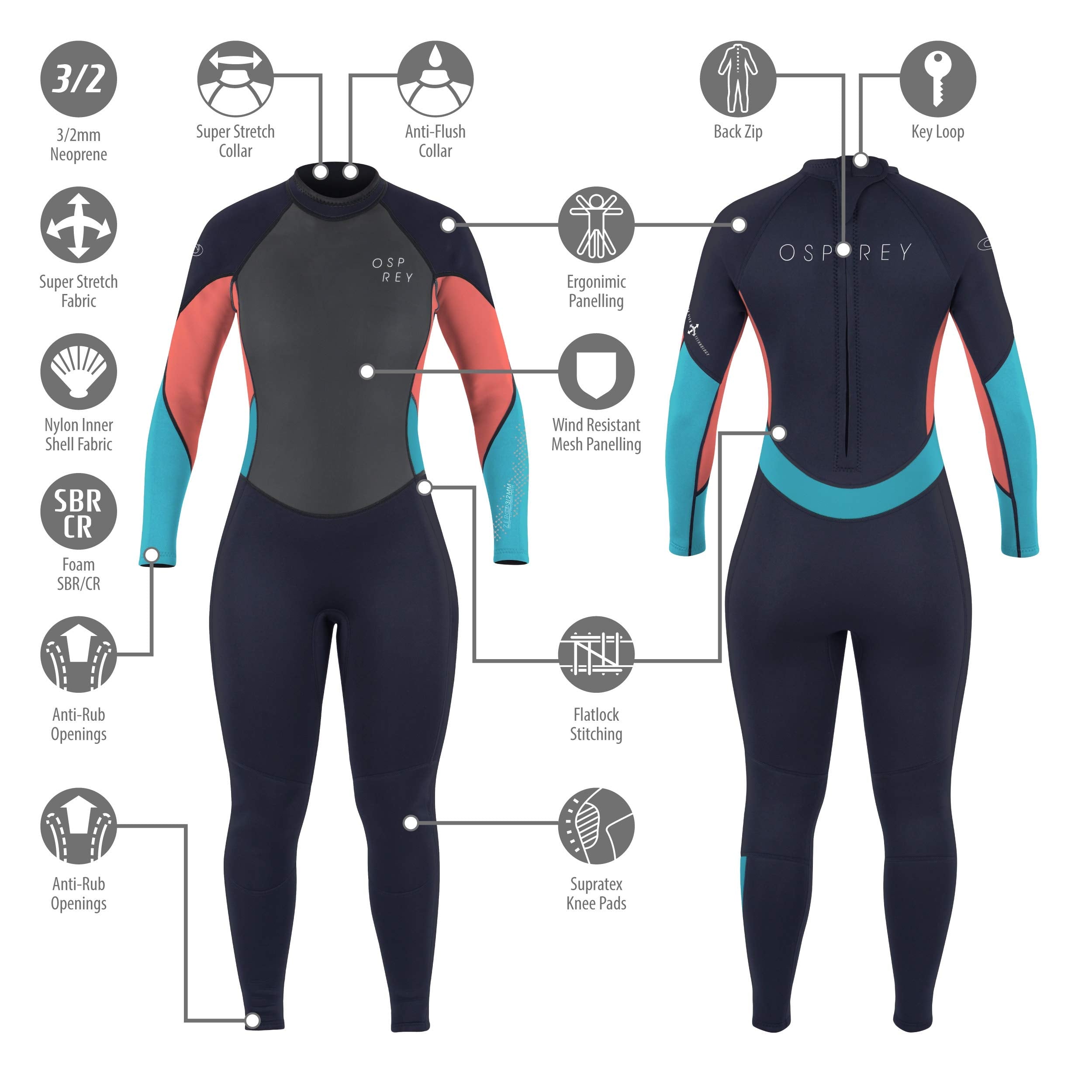 Osprey Womens Full Length 3mm Summer Wetsuit, Adult Neoprene Surfing Diving Wetsuit, Zero, Coral, XL Wetsuits Default Title Default Title