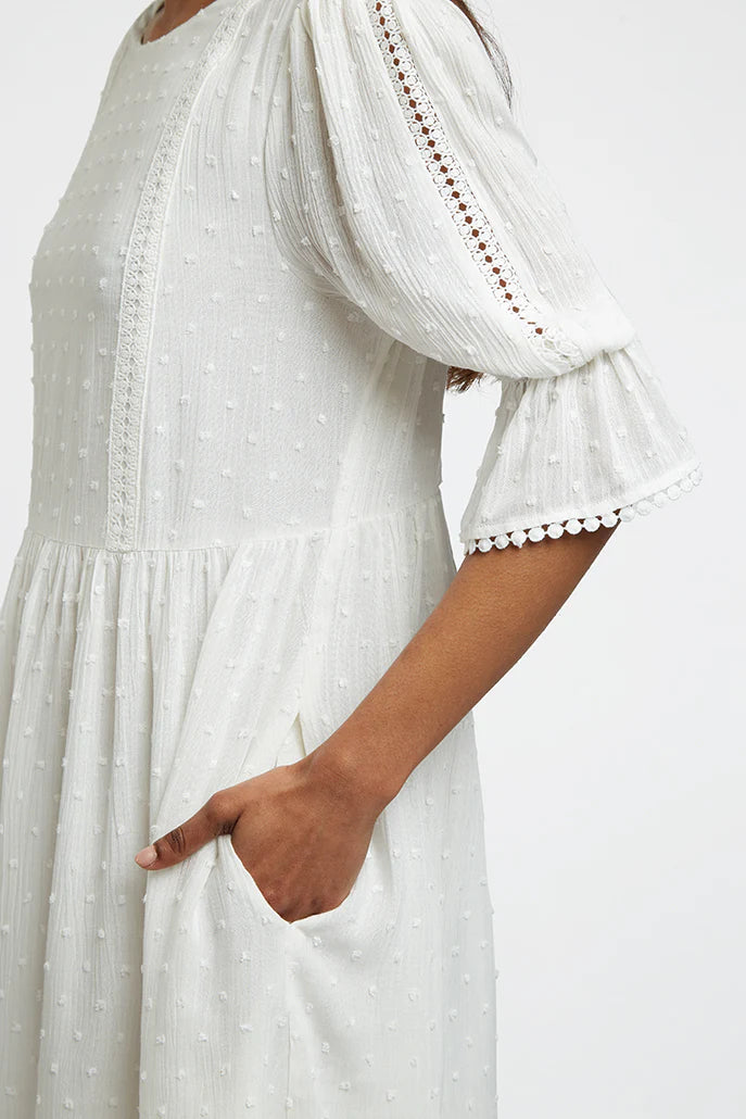 Amarine Self Dot White Square Back 3/4 Sleeve Mini Dress Dresses 8 8 10 12 14 16