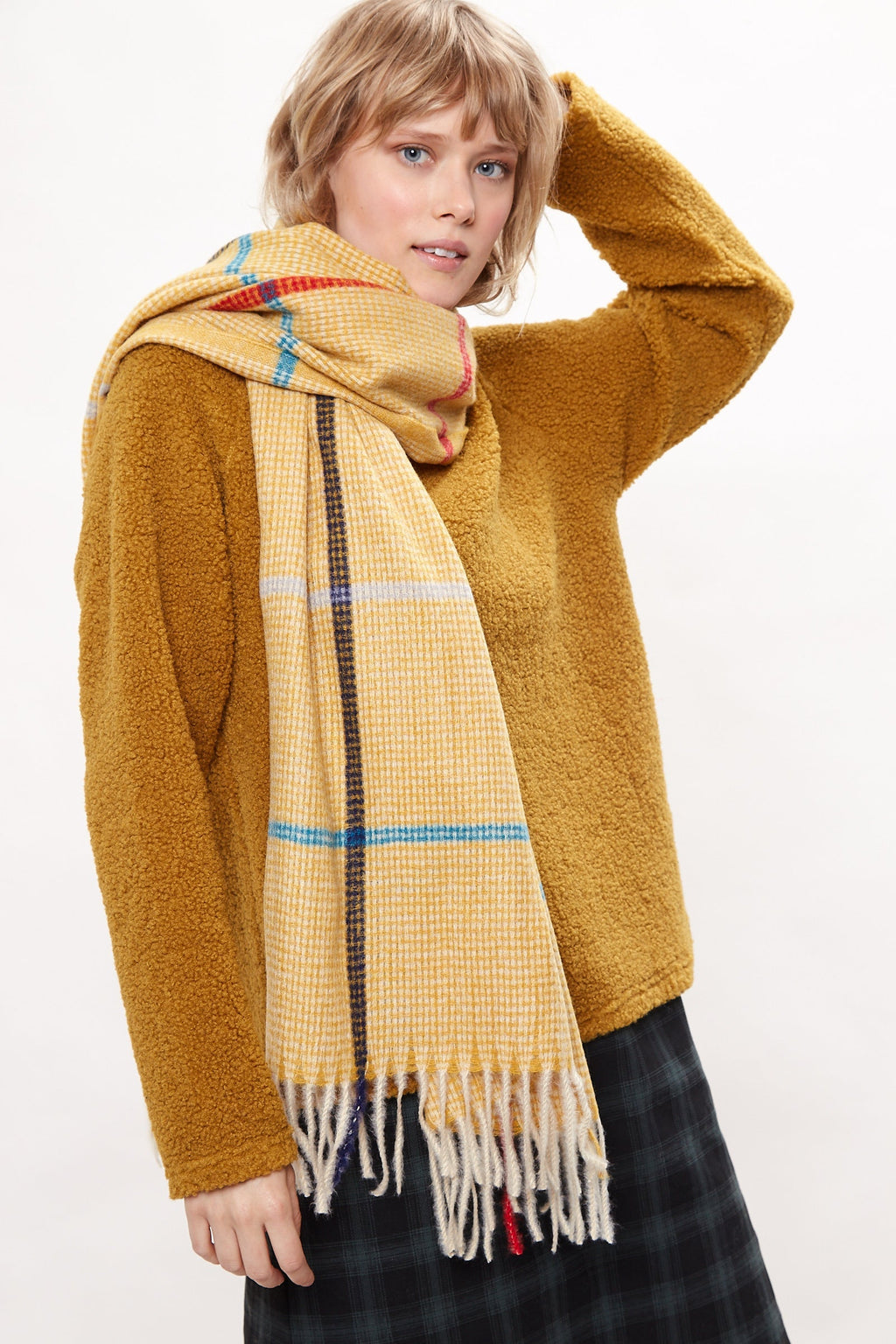 Louche Aoife Fluffy Warm Handle Woven Check Scarf With Tassels - Mustard scarves Mustard Mustard
