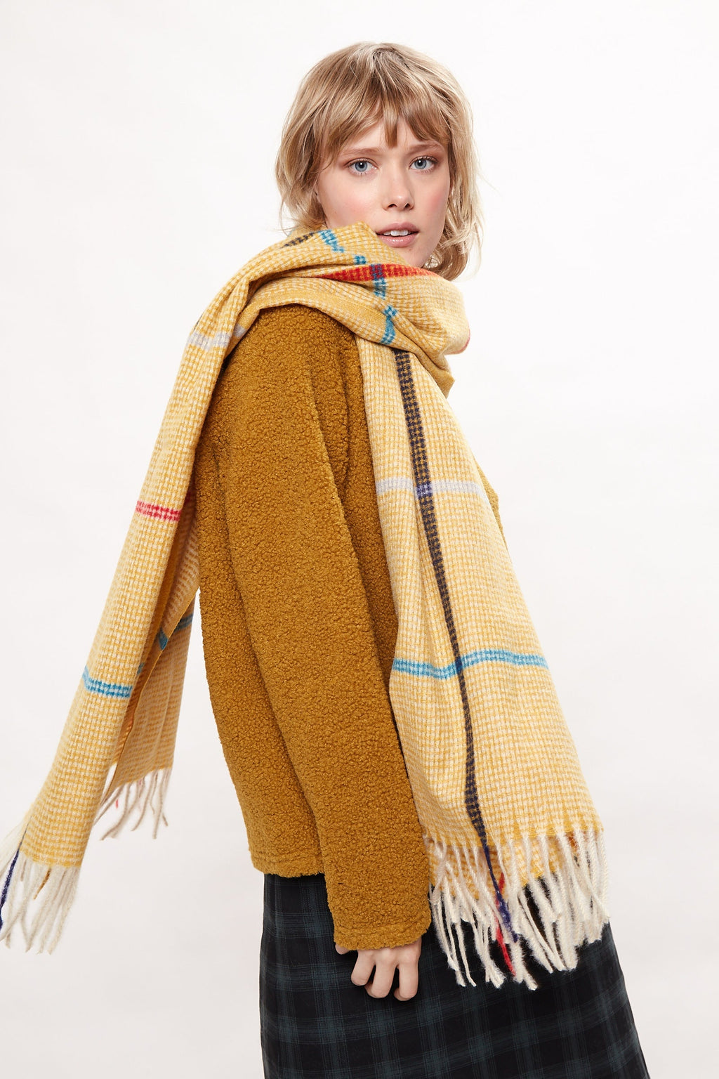 Louche Aoife Fluffy Warm Handle Woven Check Scarf With Tassels - Mustard scarves Mustard Mustard
