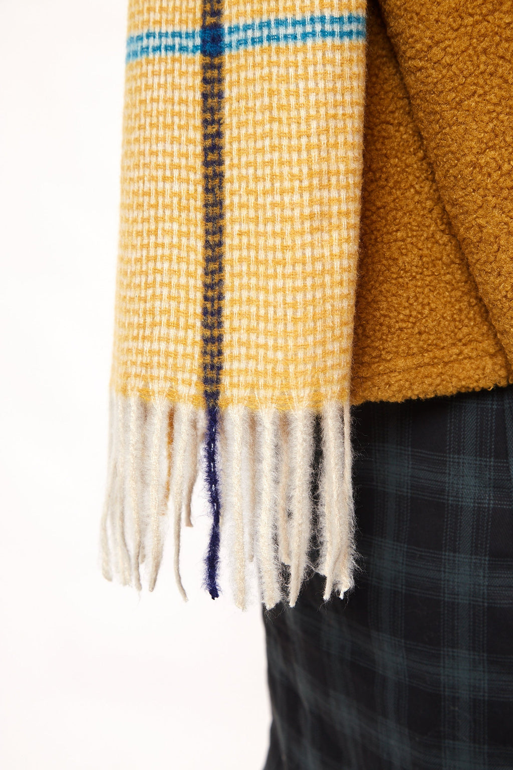 Louche Aoife Fluffy Warm Handle Woven Check Scarf With Tassels - Mustard scarves Mustard Mustard