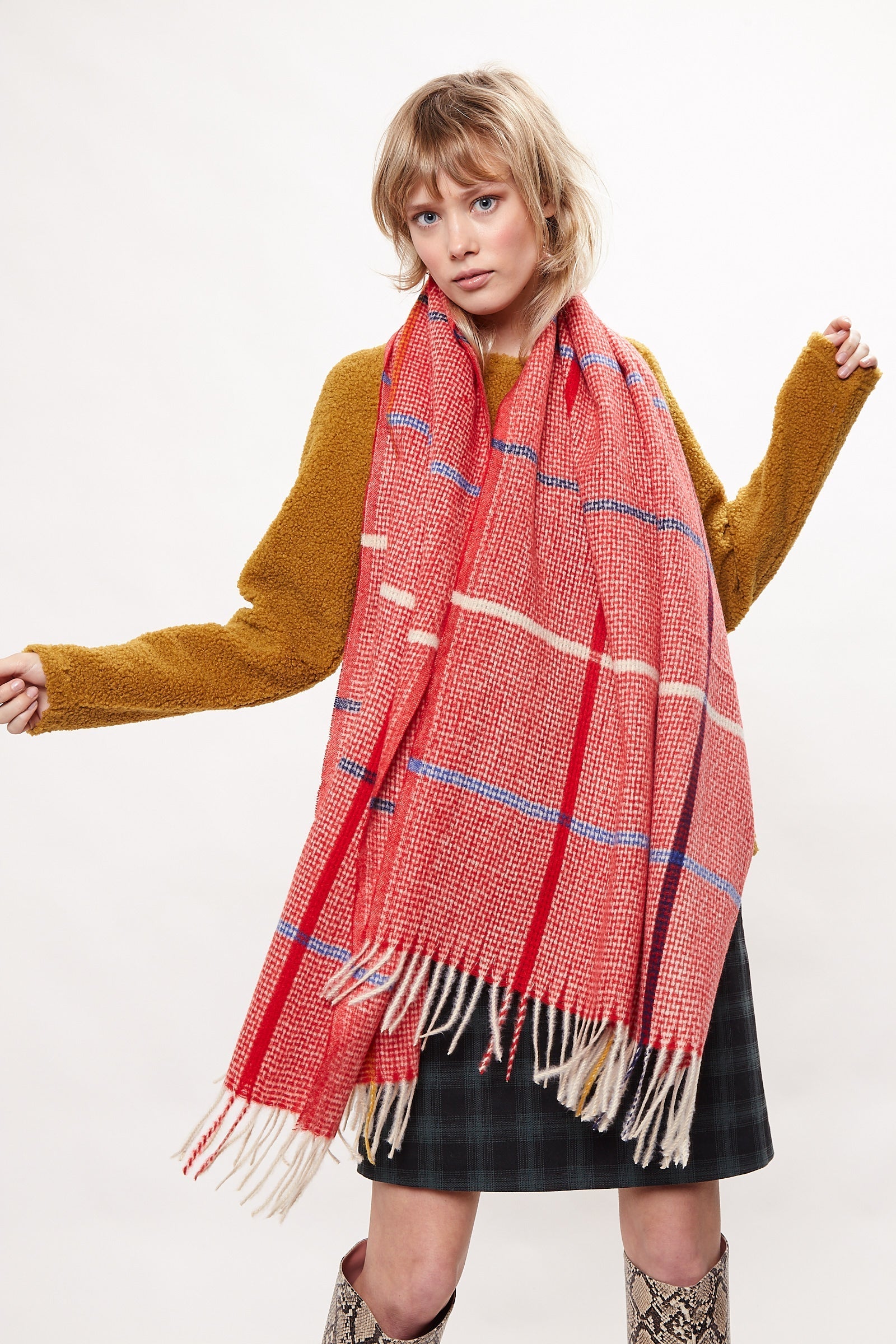 Louche Aoife Fluffy Warm Handle Woven Check Scarf With Tassels - Red scarves Red Red