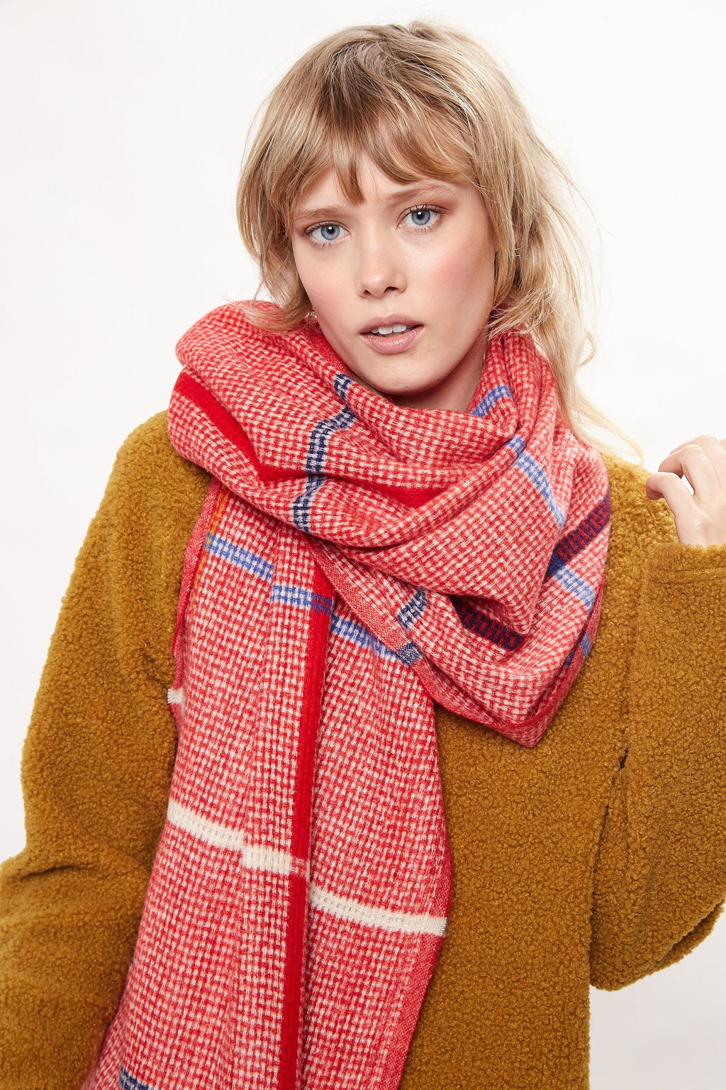 Louche Aoife Fluffy Warm Handle Woven Check Scarf With Tassels - Red scarves Red Red