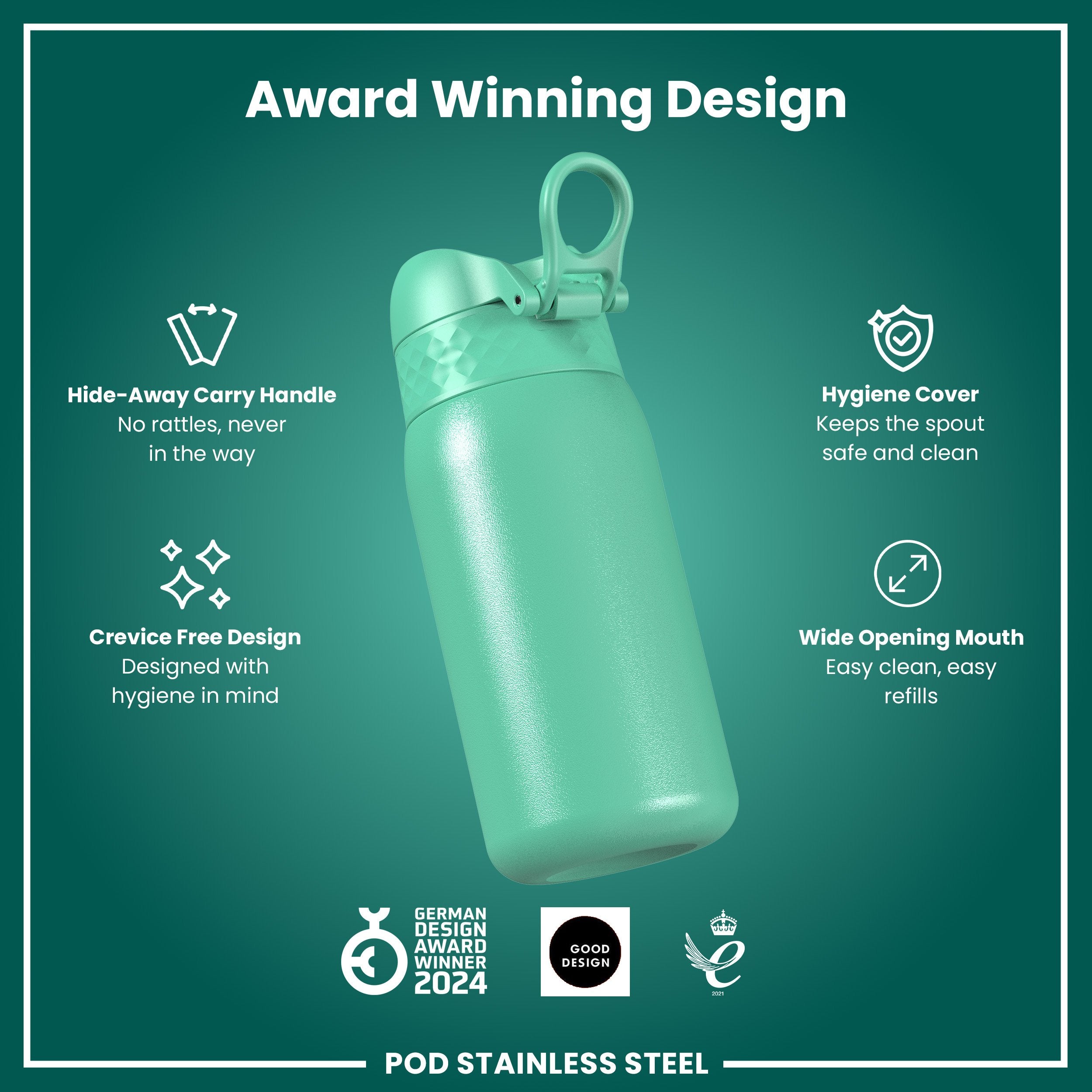 Leak Proof Kids Water Bottle, Stainless Steel, Teal, 400ml (13oz)