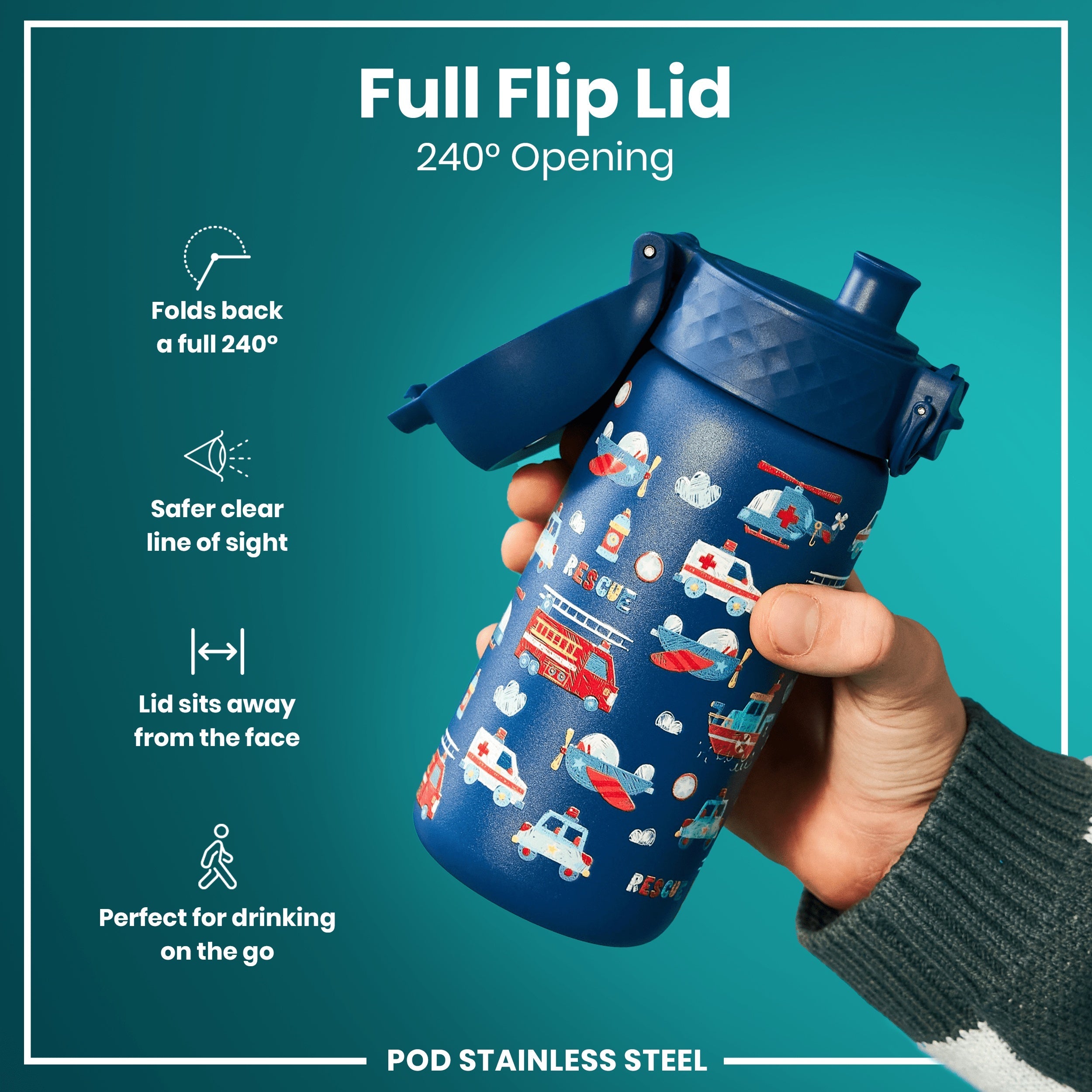 Leak Proof Kids Water Bottle, Stainless Steel, Rescue Vehicles, 400ml (13oz)