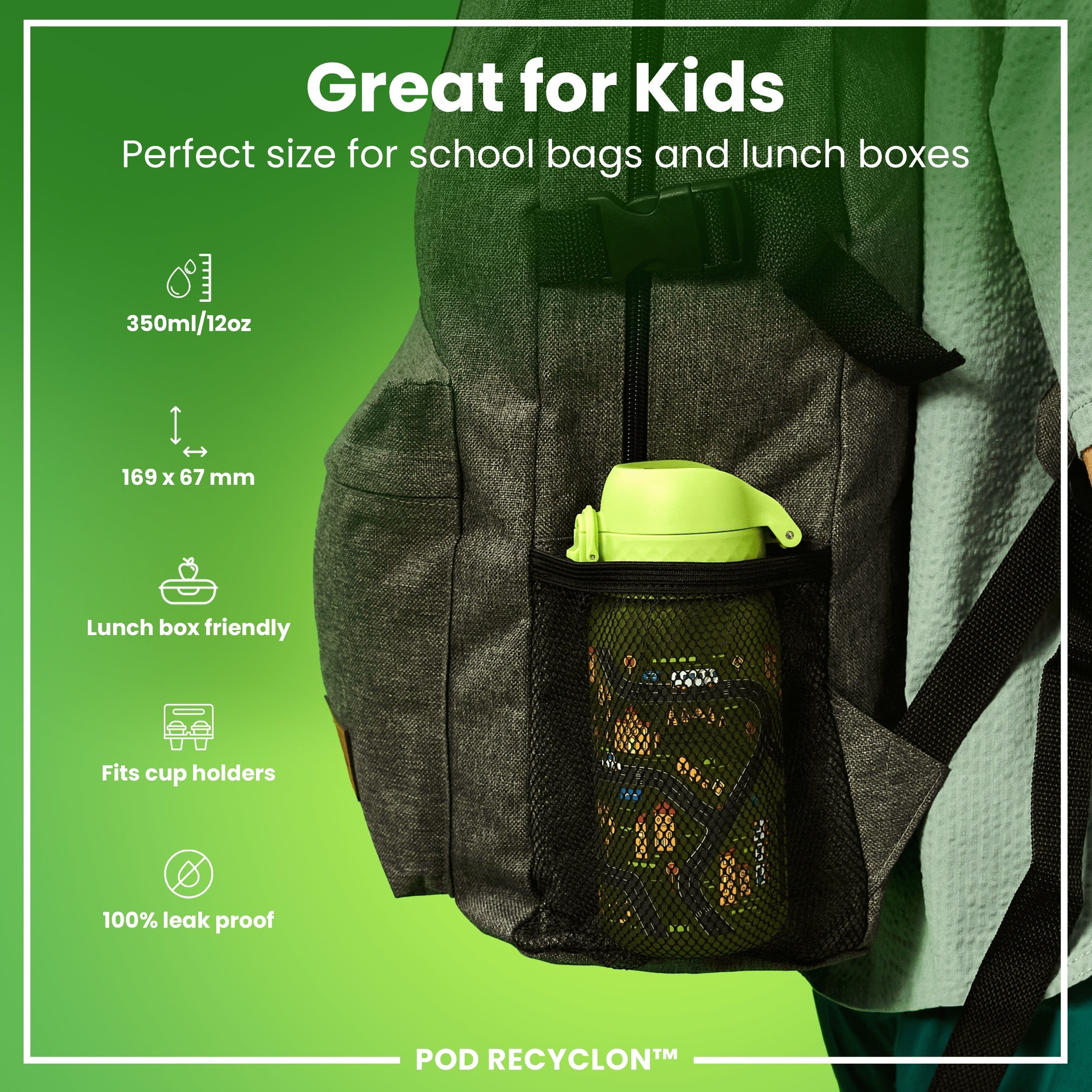 Leak Proof Kids Water Bottle, Recyclon, Cars, 350ml (12oz)