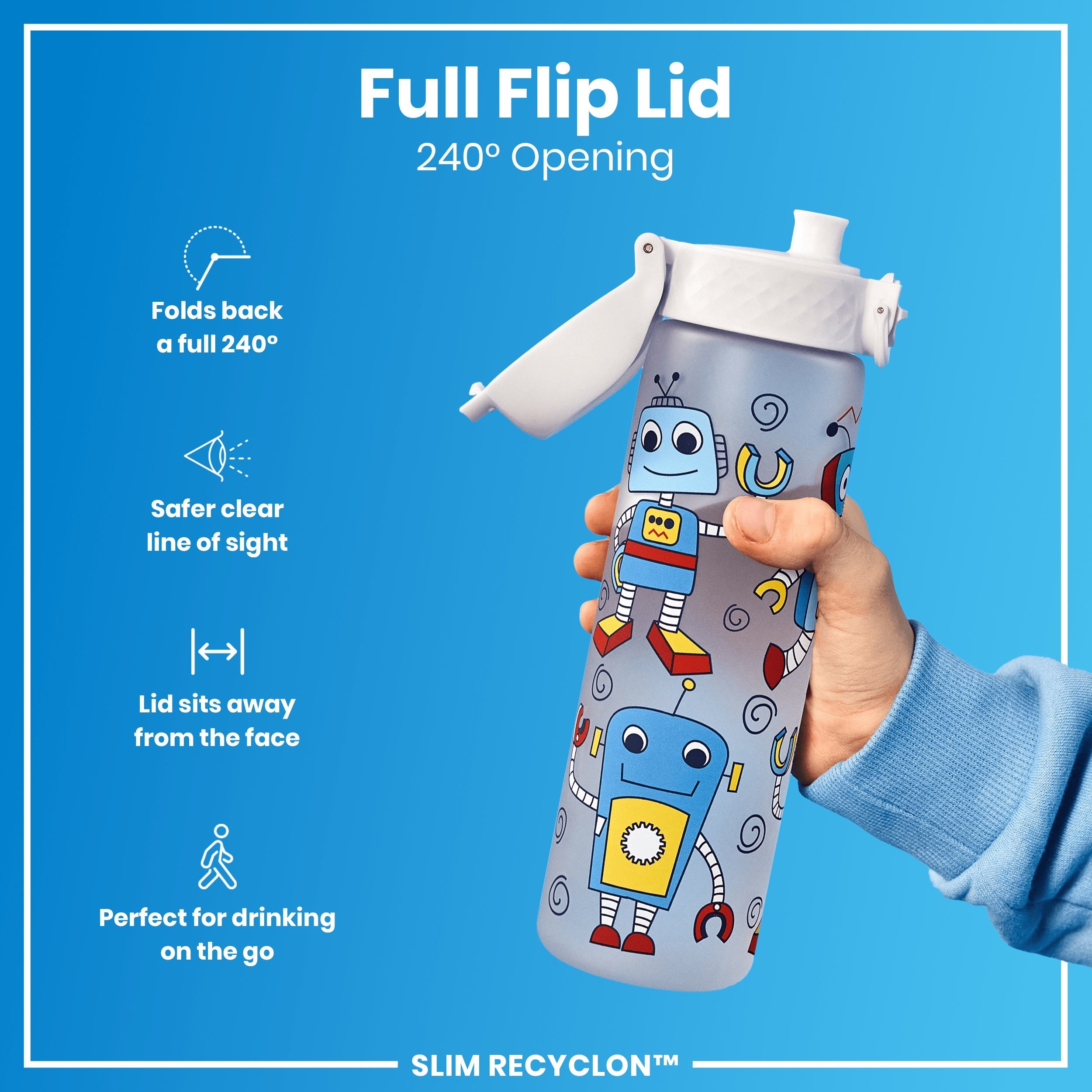 Leak Proof Slim Water Bottle, Recyclon, Robots, 500ml (18oz)