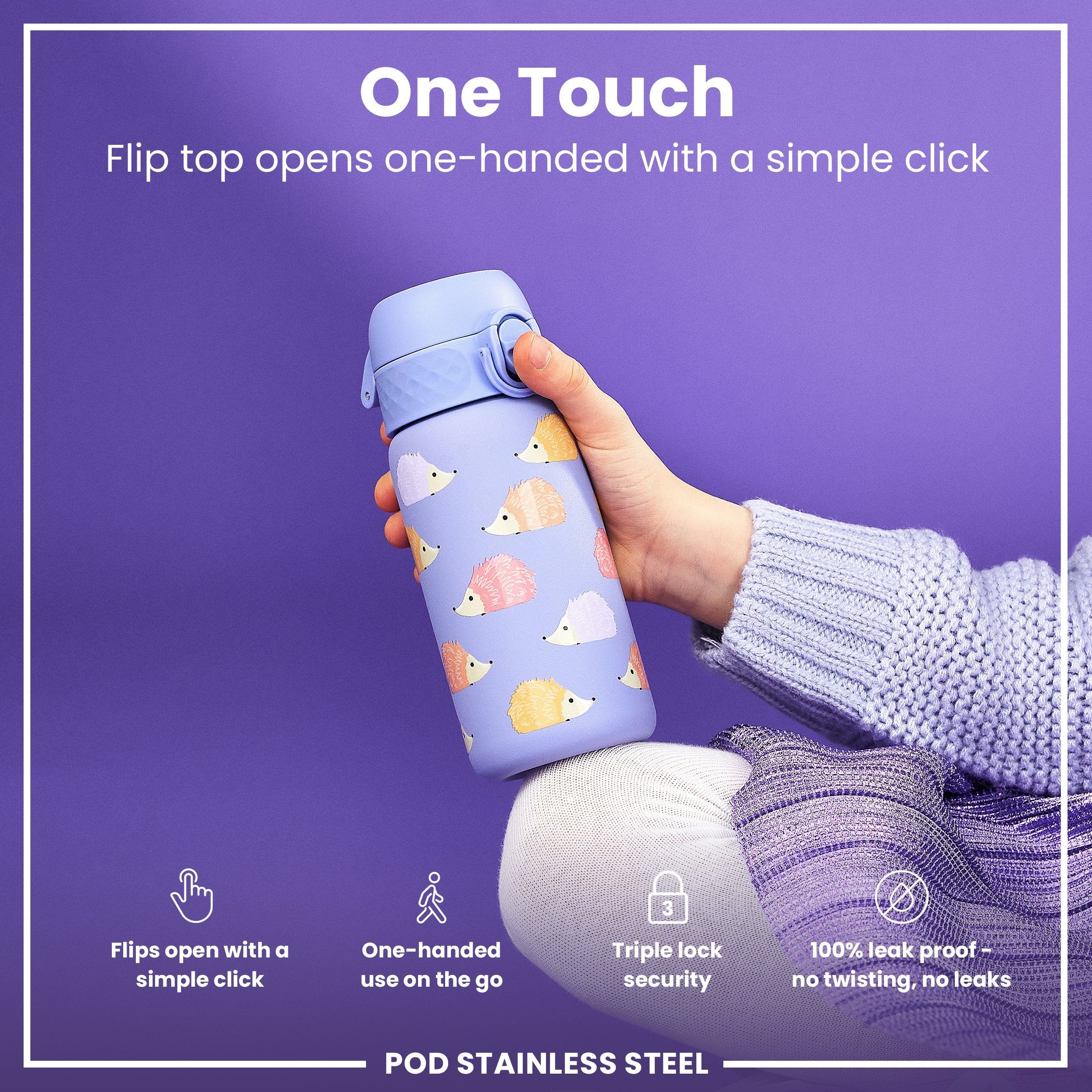 Leak Proof Kids Water Bottle, Stainless Steel, Hedgehogs, 400ml (13oz)