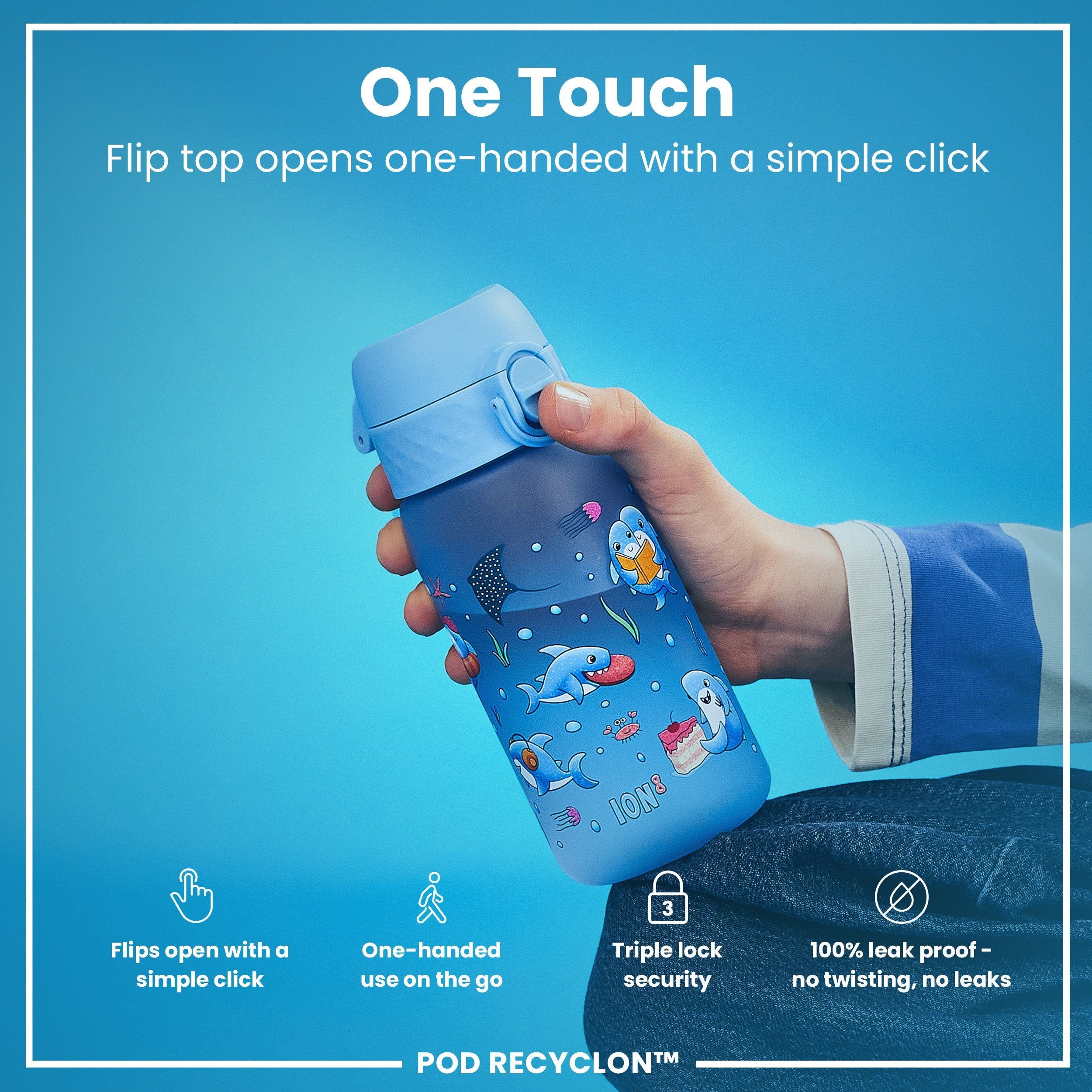 Leak Proof Kids Water Bottle, Recyclon, Sharks, 350ml (12oz)
