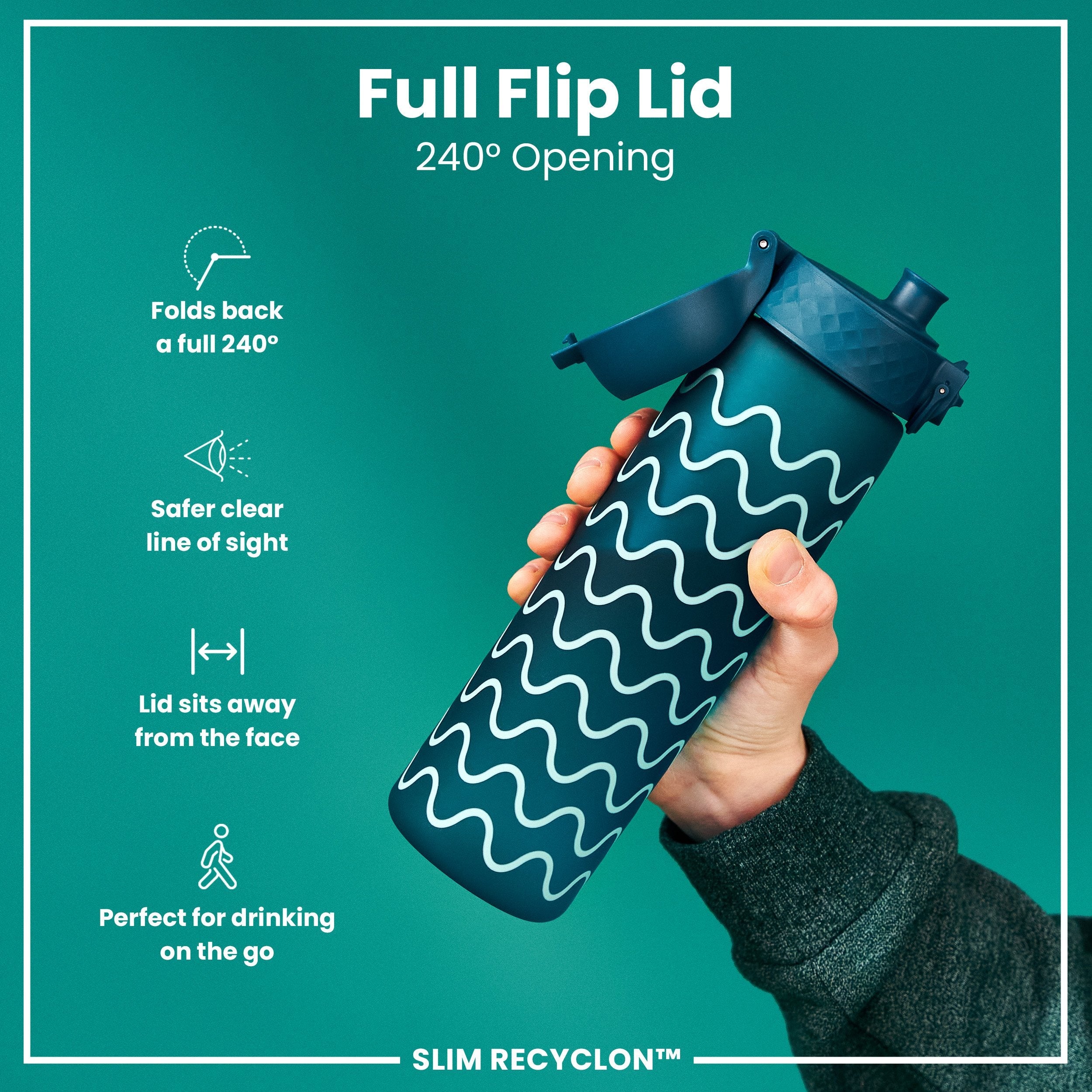 Leak Proof Slim Water Bottle, Recyclon, Waves, 500ml (18oz)