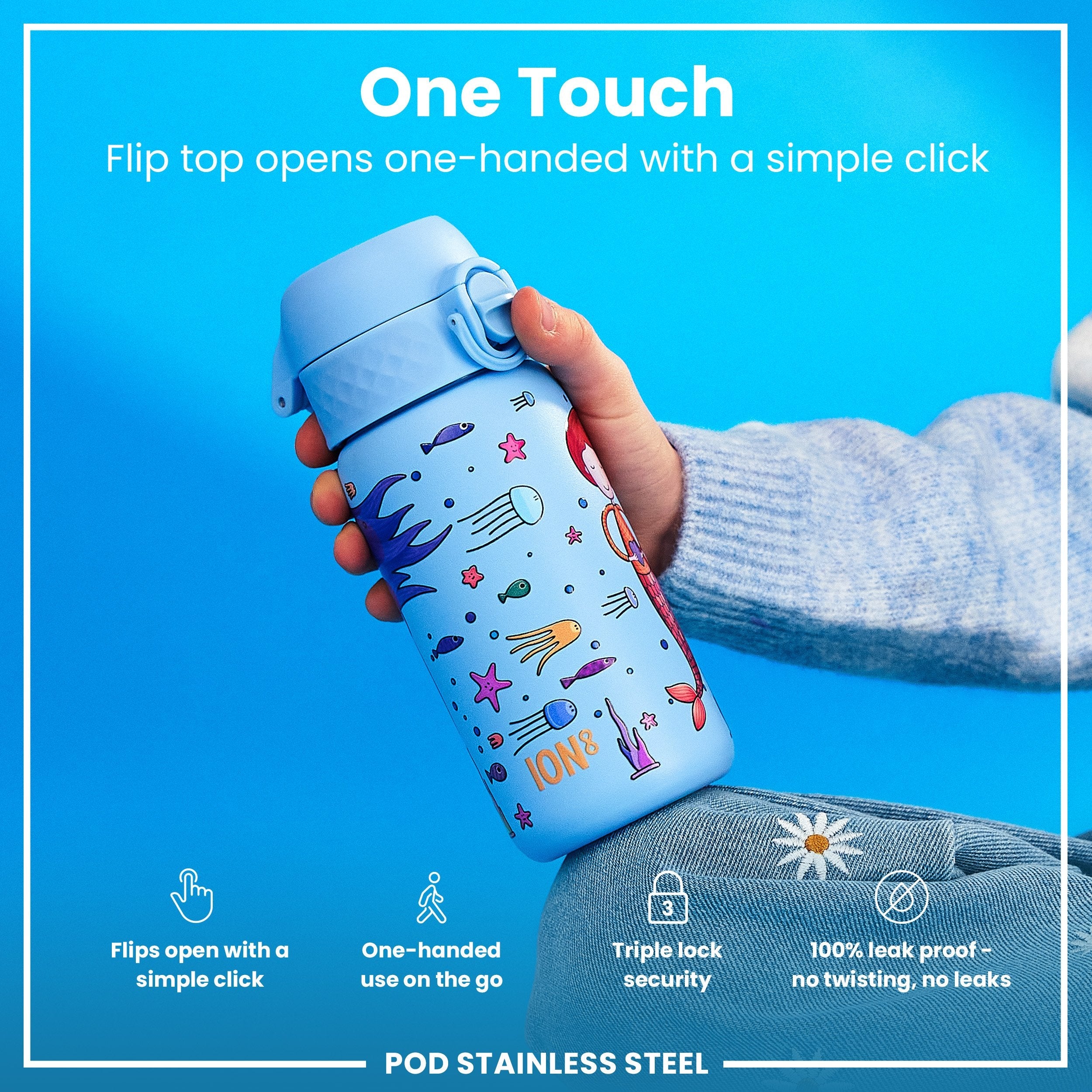 Leak Proof Kids Water Bottle, Stainless Steel, Mermaids, 400ml (13oz)