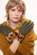 Louche Cadhla Faux Suede And Fur Cuffed Touch Screen Gloves - Green gloves Green Green