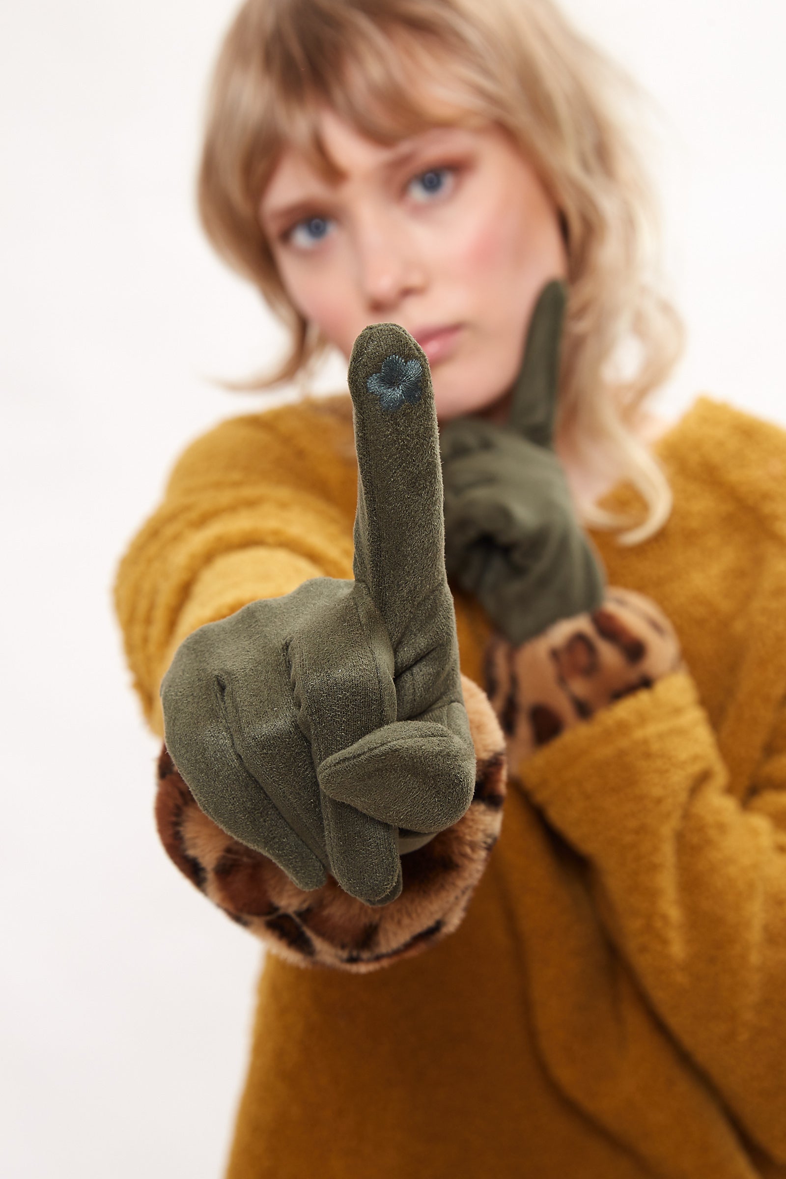 Louche Cadhla Faux Suede And Fur Cuffed Touch Screen Gloves - Green gloves Green Green