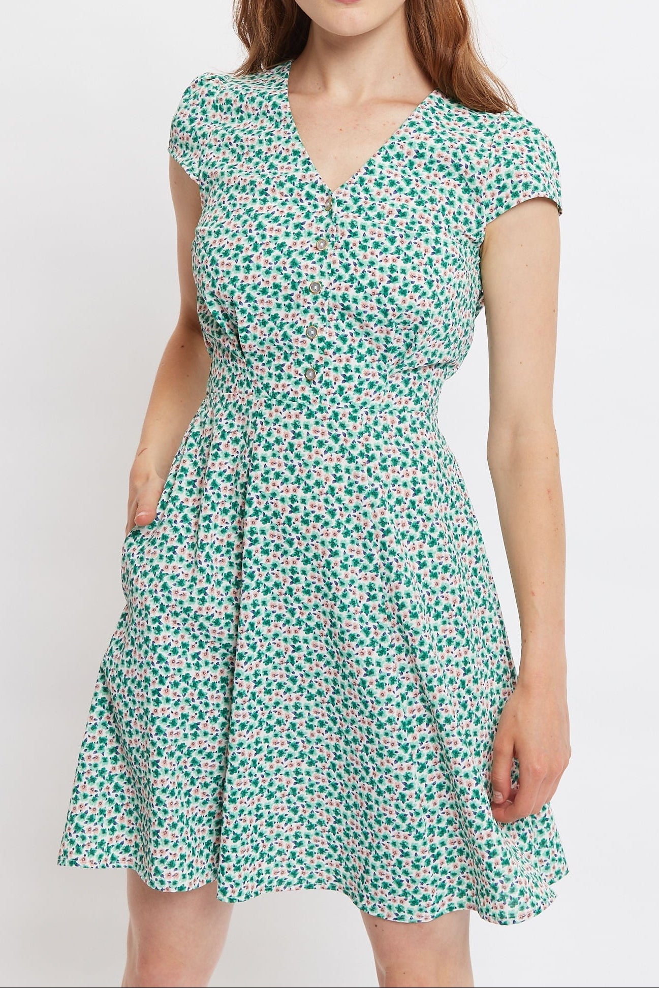 Louche Cathleen Mint Blossom Print Mini Tea Dress Dresses 8 Green/Pink 8 / Green/Pink 10 / Green/Pink 12 / Green/Pink 14 / Green/Pink 16 / Green/Pink