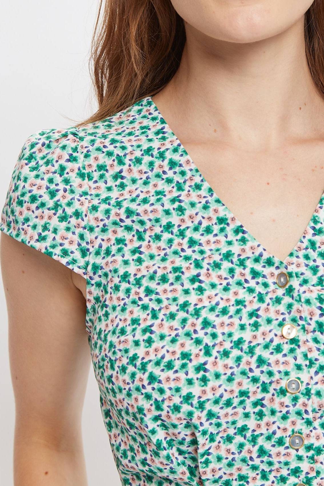 Louche Cathleen Mint Blossom Print Mini Tea Dress Dresses 8 Green/Pink 8 / Green/Pink 10 / Green/Pink 12 / Green/Pink 14 / Green/Pink 16 / Green/Pink