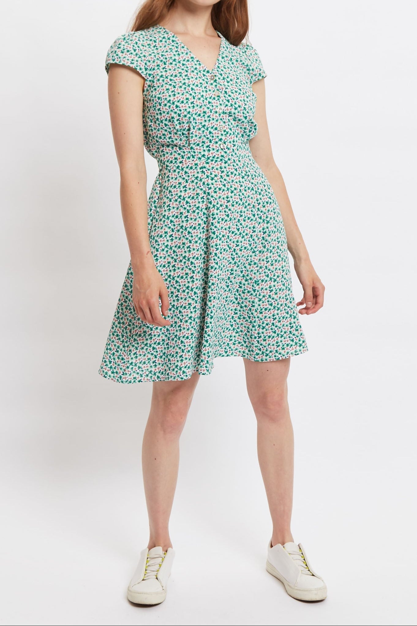 Louche Cathleen Mint Blossom Print Mini Tea Dress Dresses 8 Green/Pink 8 / Green/Pink 10 / Green/Pink 12 / Green/Pink 14 / Green/Pink 16 / Green/Pink
