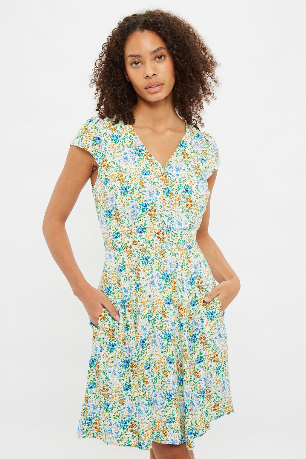 Louche Cathleen Mini Flower Show Print Mini Tea Dress Dresses 8 Off White 8 / Off White 10 / Off White 12 / Off White 14 / Off White 16 / Off White