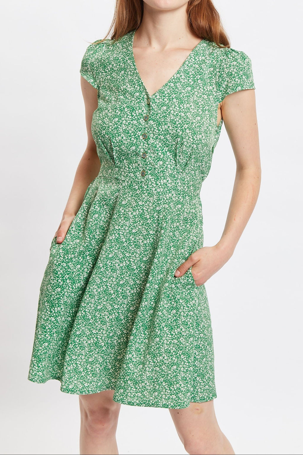 Louche Cathleen Micro Flower Print Mini Tea Dress - Green Dresses 8 Green 8 / Green 10 / Green 12 / Green 14 / Green 16 / Green