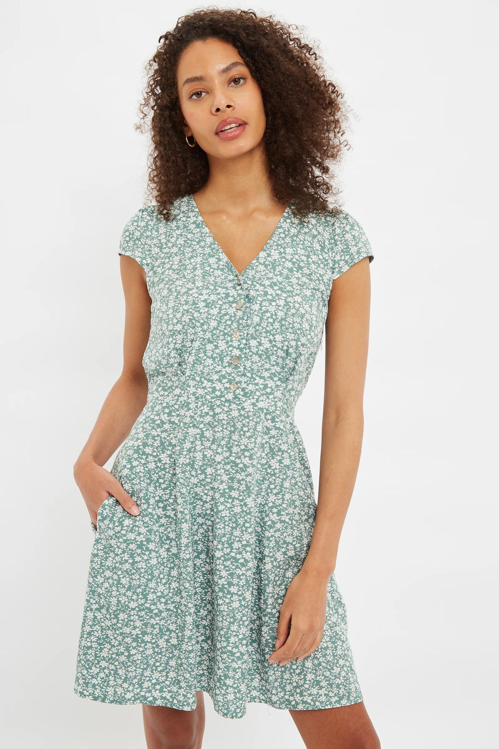 Louche Cathleen Micro Blossom Print Mini Tea Dress In Green Dresses 8 Green 8 / Green 10 / Green 12 / Green 14 / Green 16 / Green 18 / Green
