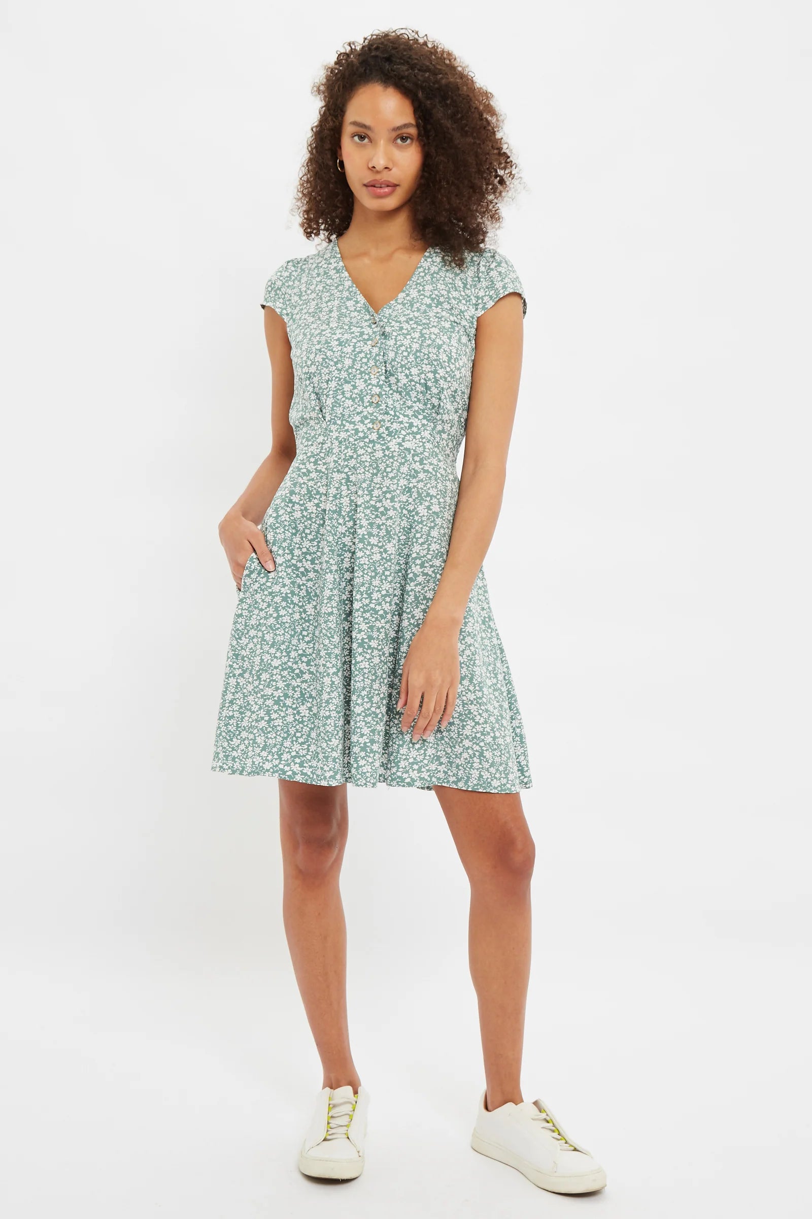 Louche Cathleen Micro Blossom Print Mini Tea Dress In Green Dresses 8 Green 8 / Green 10 / Green 12 / Green 14 / Green 16 / Green 18 / Green