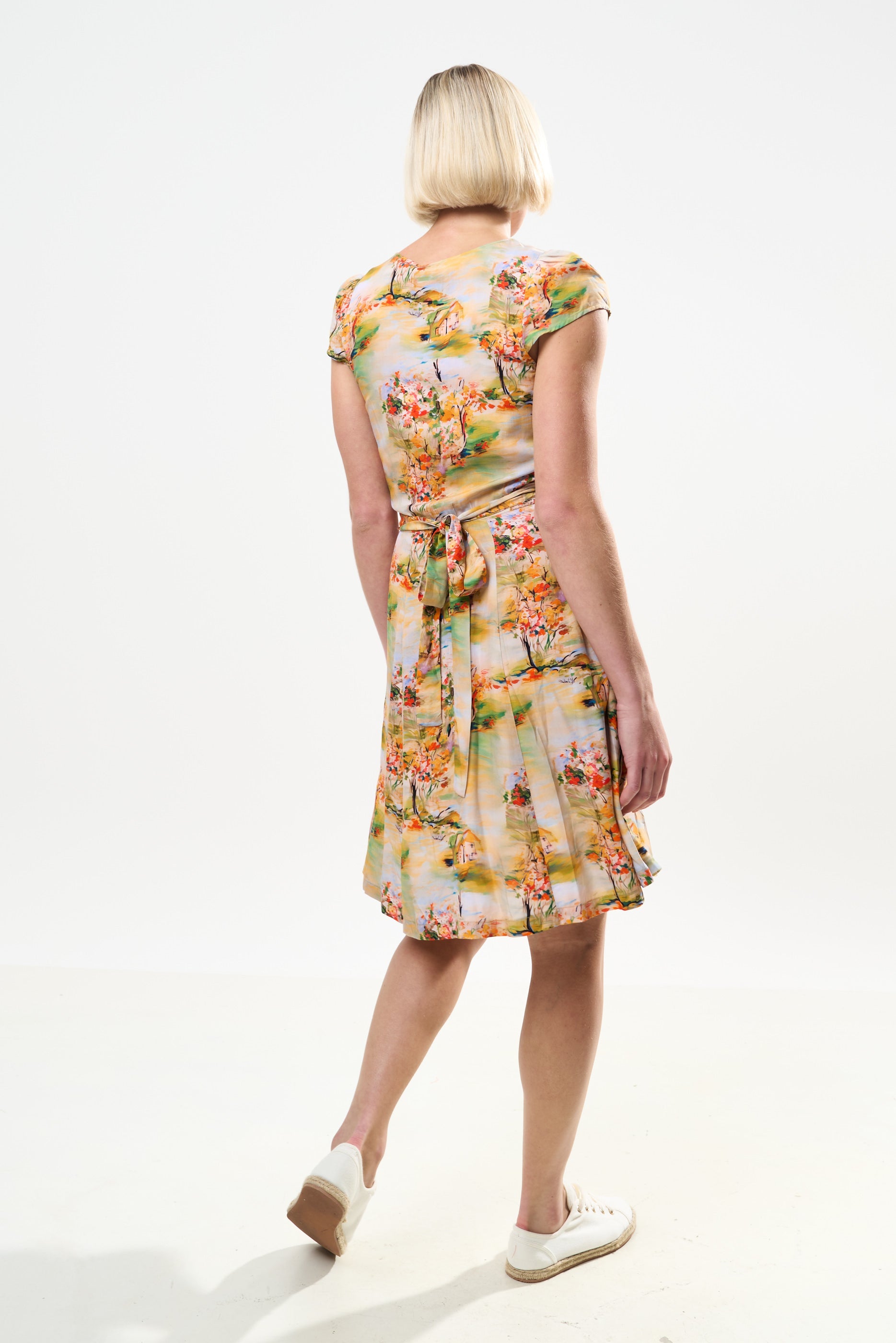 Cathleen Mini Oriental Landscape Print Tea Dress - Yellow Dresses 8 8 10 12 14 16