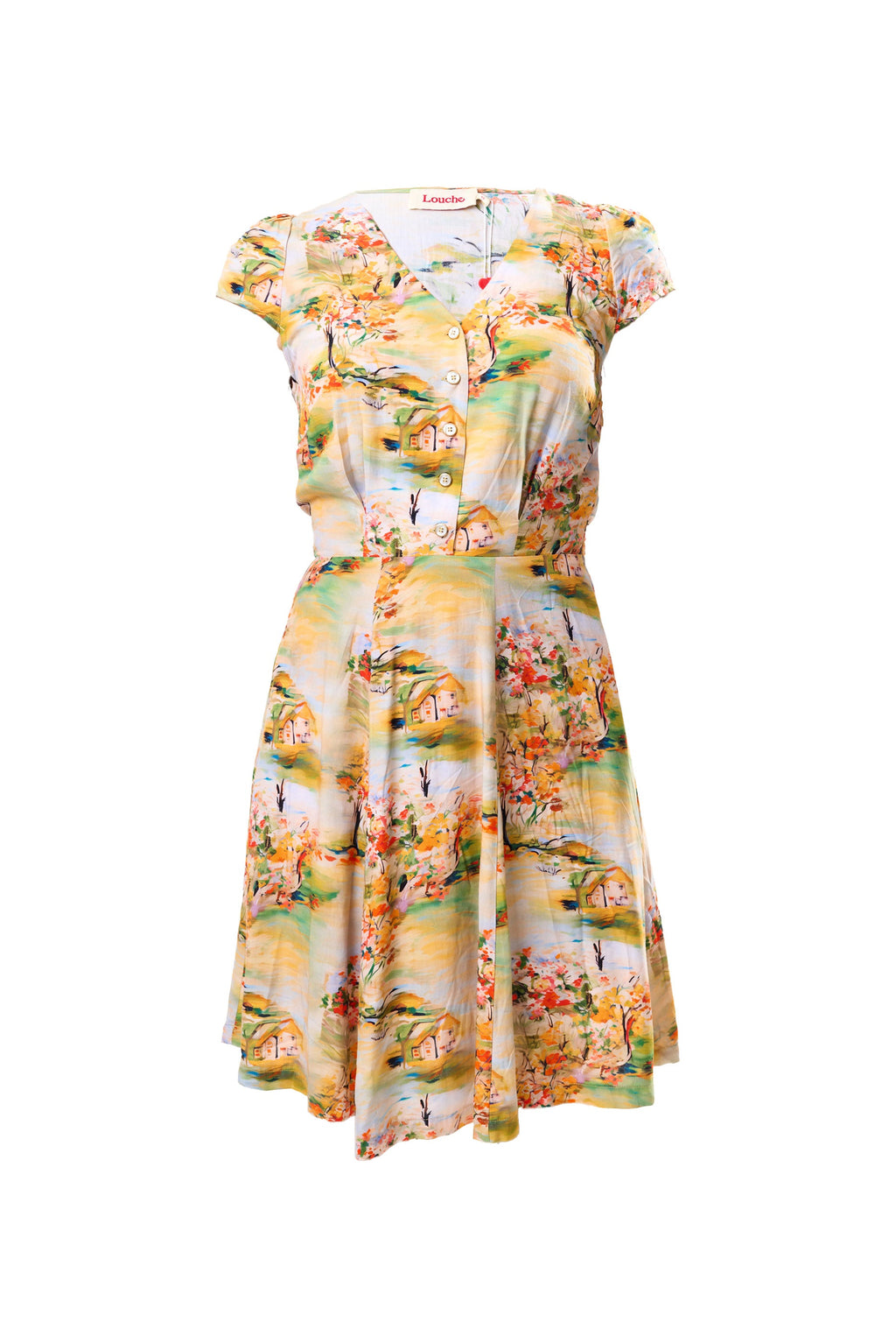 Cathleen Mini Oriental Landscape Print Tea Dress - Yellow Dresses 8 8 10 12 14 16