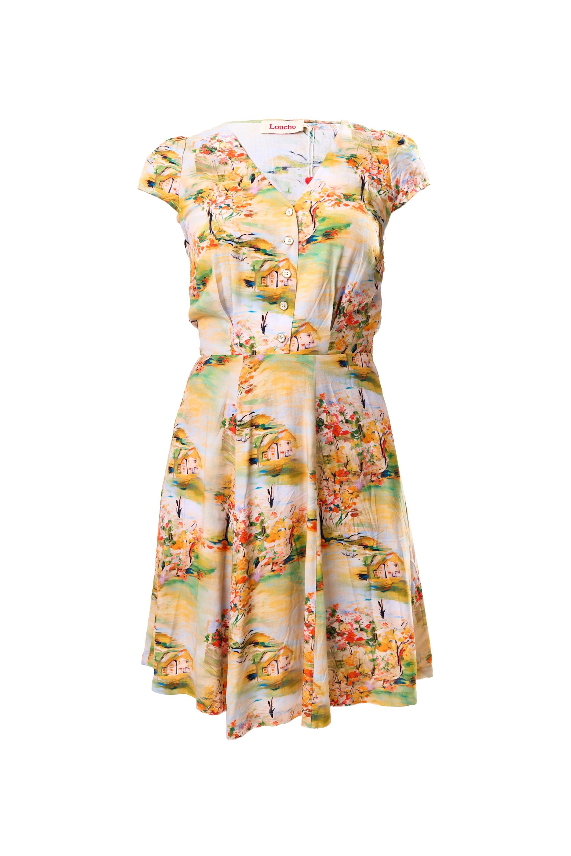 Cathleen Mini Oriental Landscape Print Tea Dress - Yellow Dresses 8 8 10 12 14 16