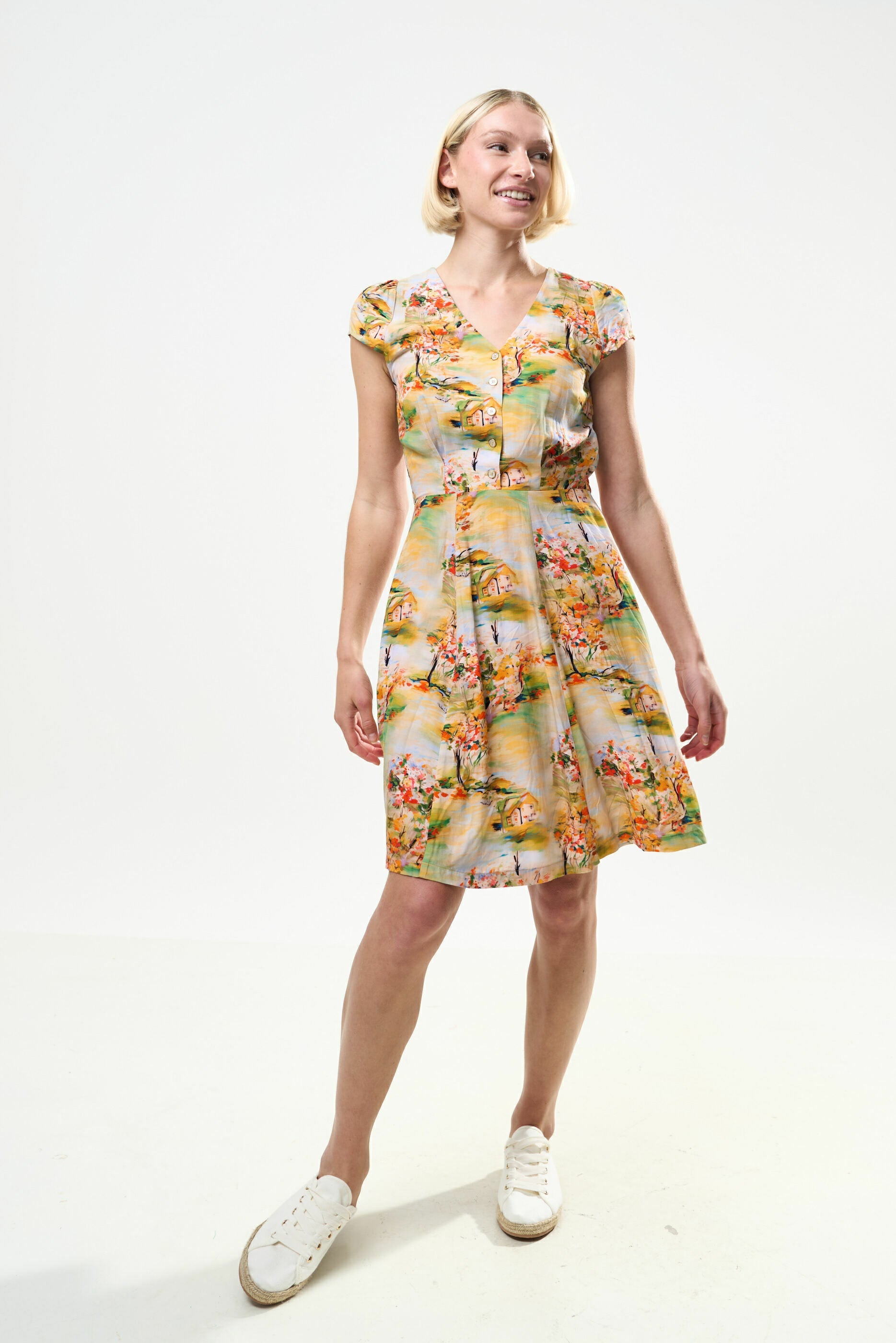 Cathleen Mini Oriental Landscape Print Tea Dress - Yellow Dresses 8 8 10 12 14 16