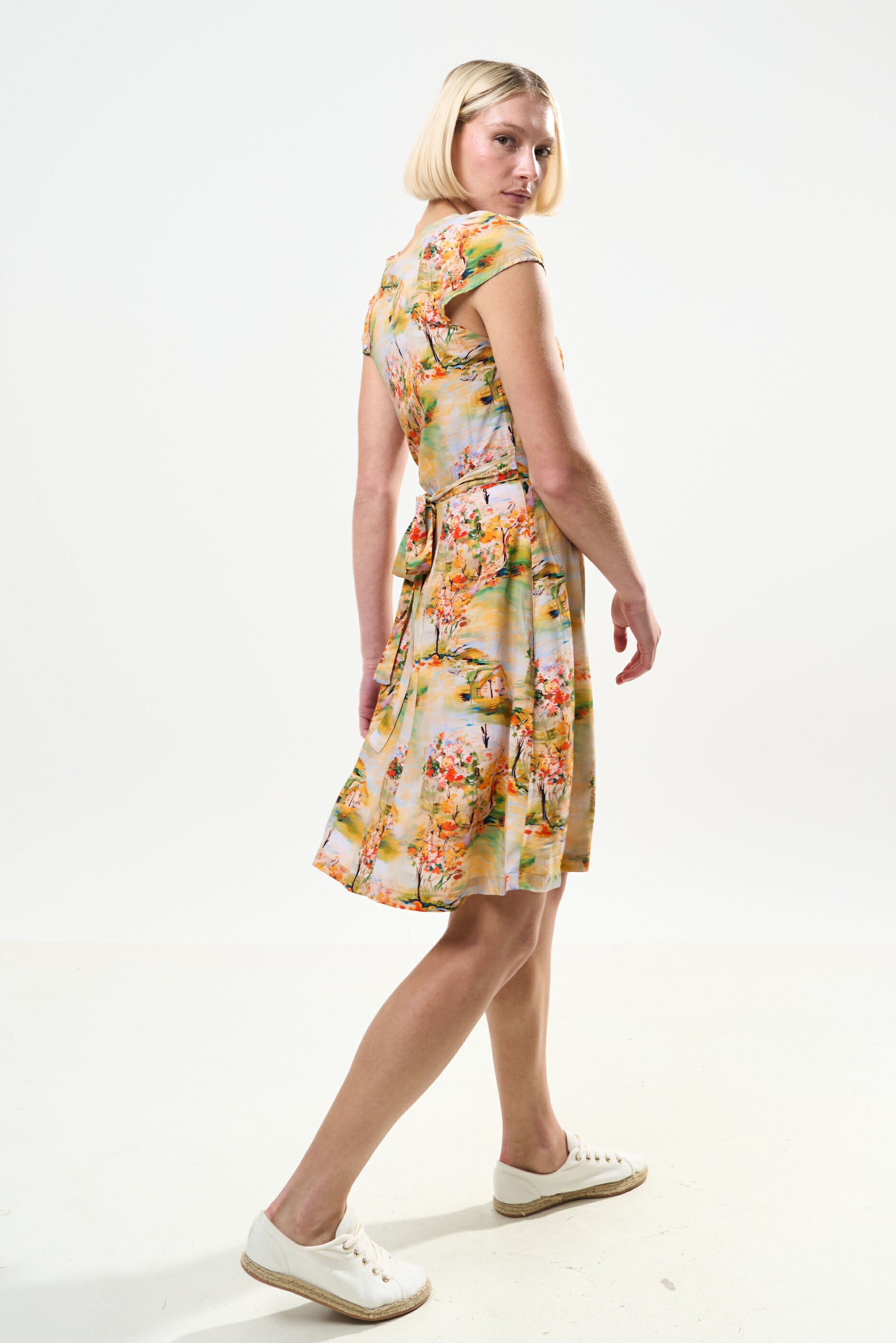 Cathleen Mini Oriental Landscape Print Tea Dress - Yellow Dresses 8 8 10 12 14 16