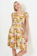 Cathleen Mini Oriental Landscape Print Tea Dress - Yellow Dresses 8 8 10 12 14 16