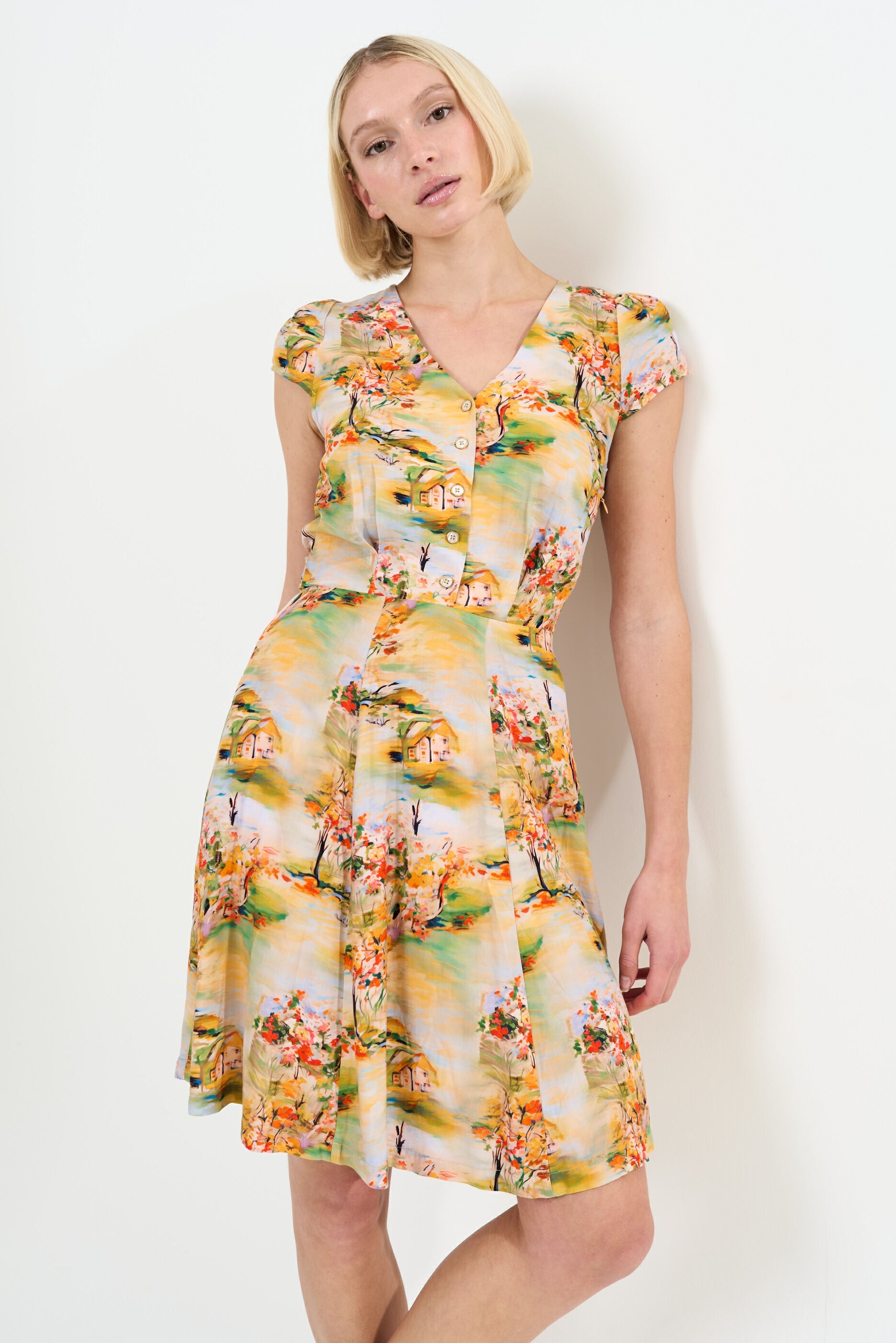 Cathleen Mini Oriental Landscape Print Tea Dress - Yellow Dresses 8 8 10 12 14 16