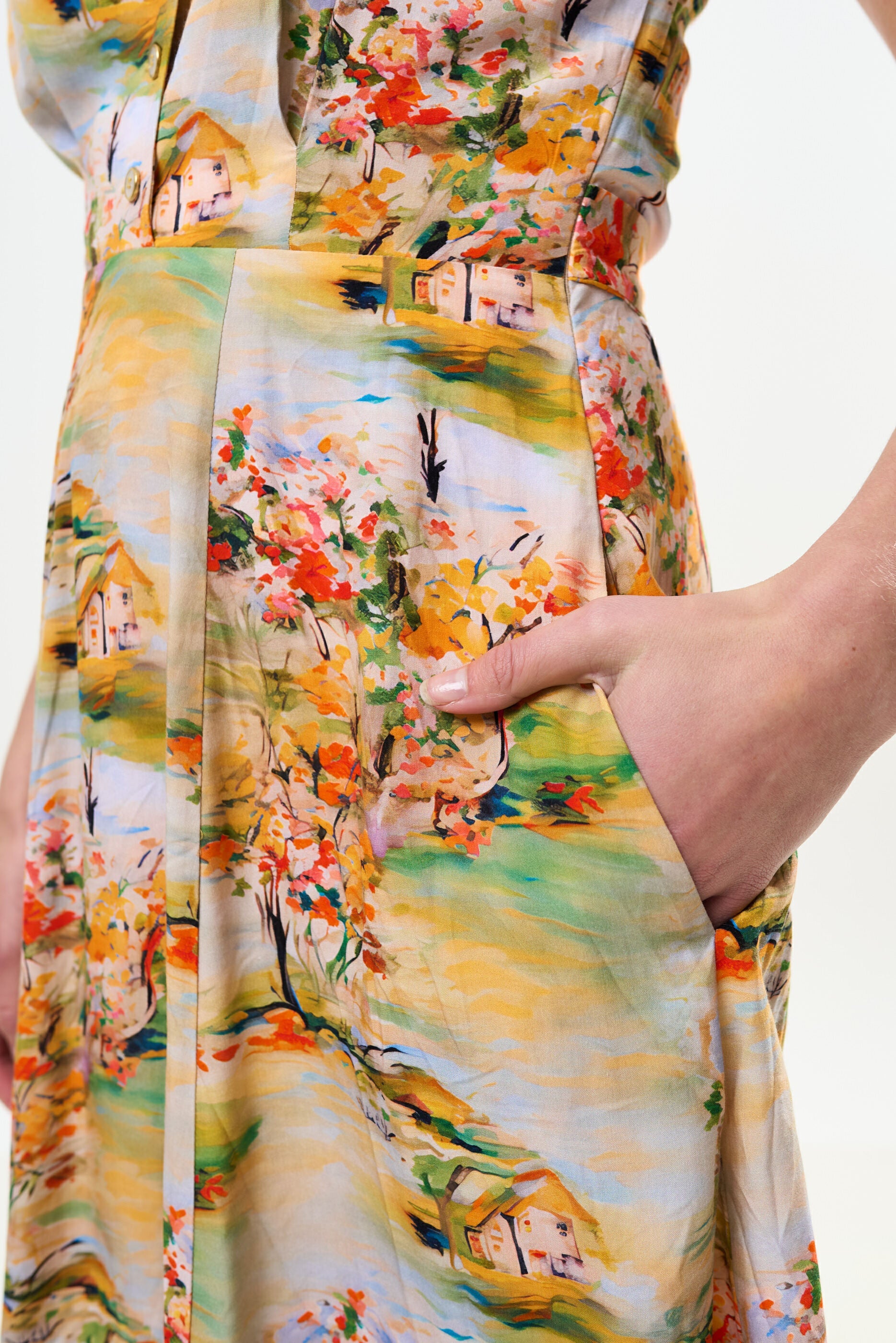 Cathleen Mini Oriental Landscape Print Tea Dress - Yellow Dresses 8 8 10 12 14 16