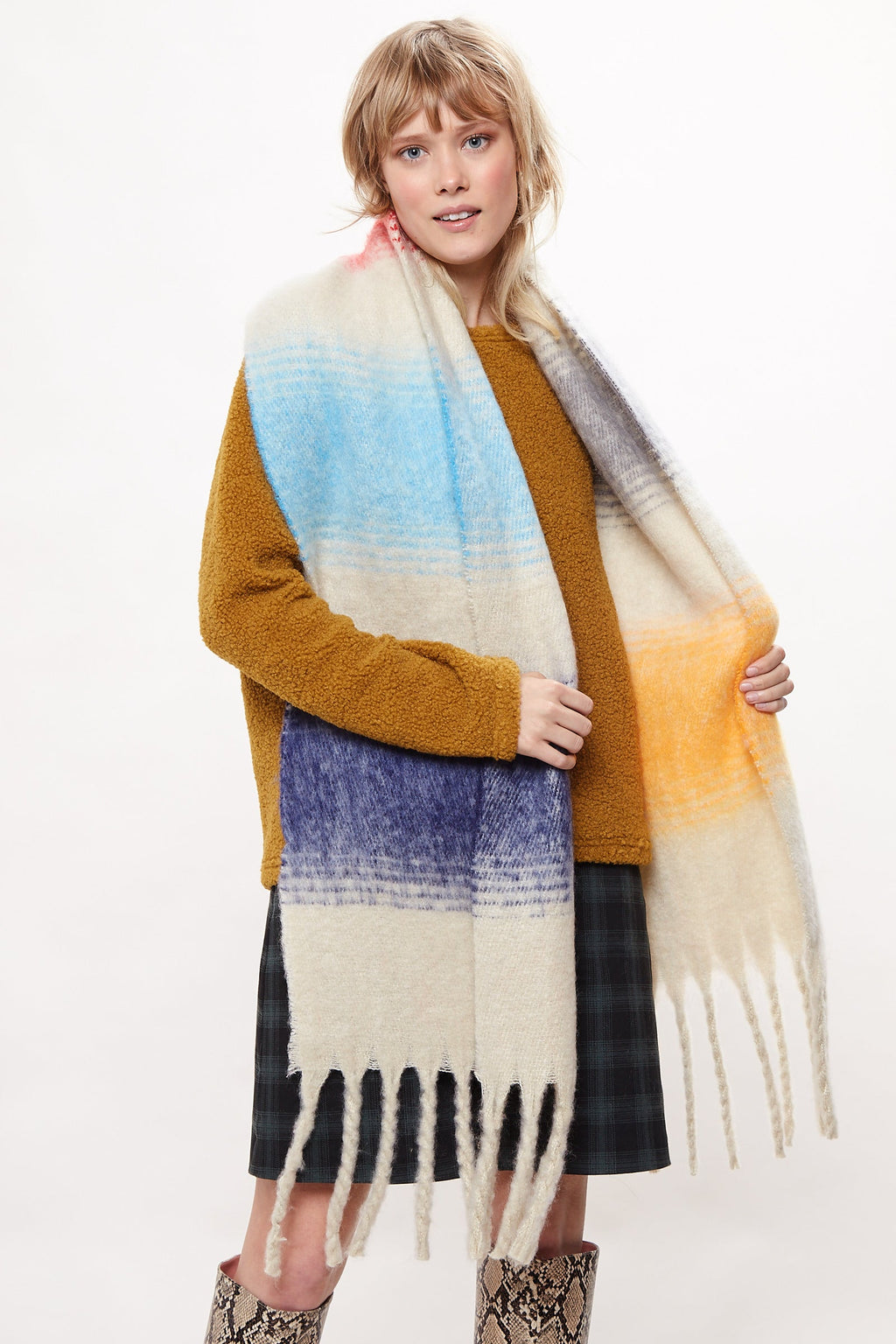 Louche Ciara Cosy Fluffy Striped Tassel Scarf - Beige scarves Beige Beige