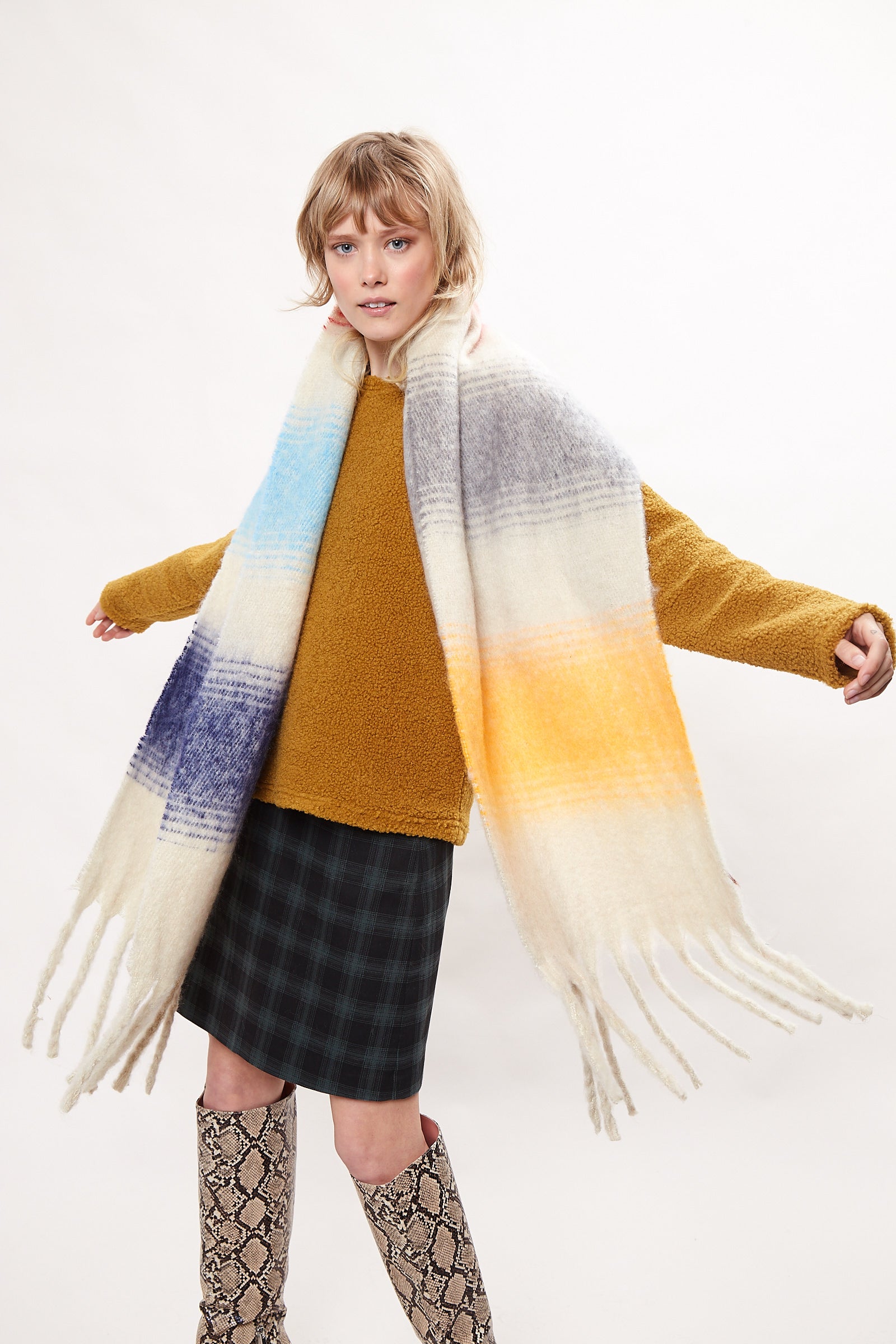 Louche Ciara Cosy Fluffy Striped Tassel Scarf - Beige scarves Beige Beige